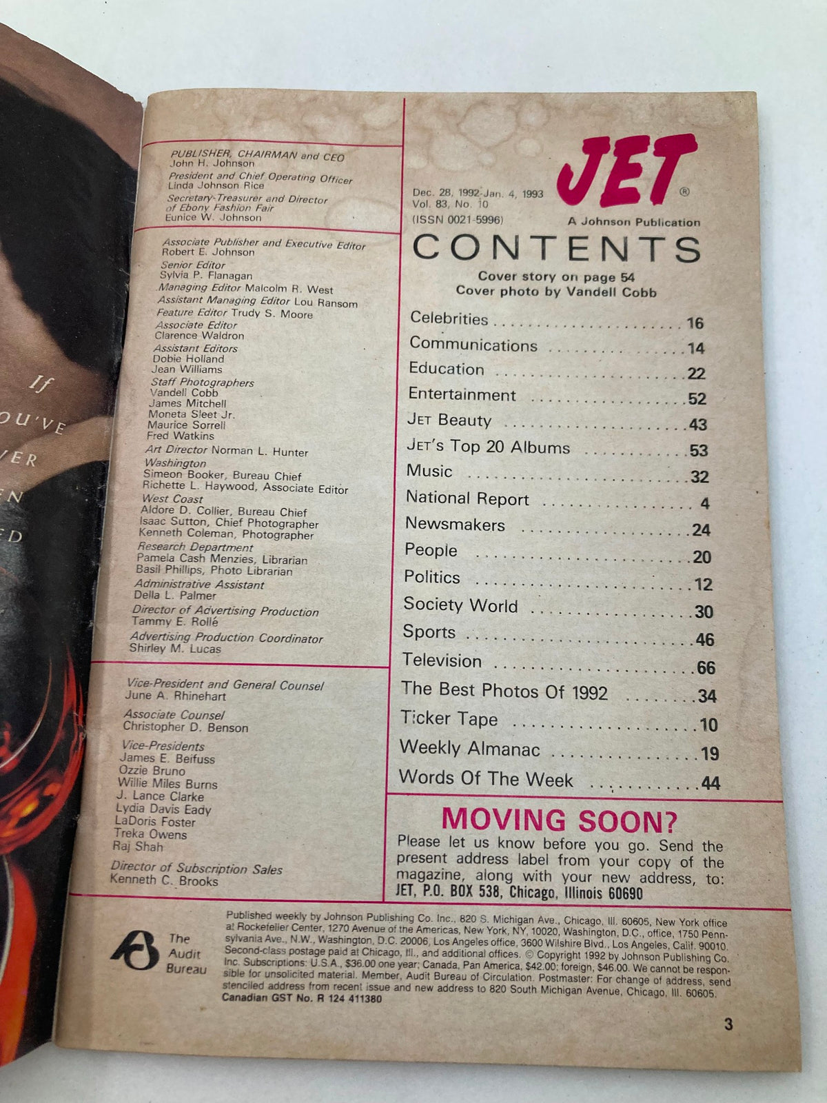 Contents page of VTG Jet Magazine December 28 1992 Vol 83 #10, outlining various sections, including features on celebrities and entertainment.