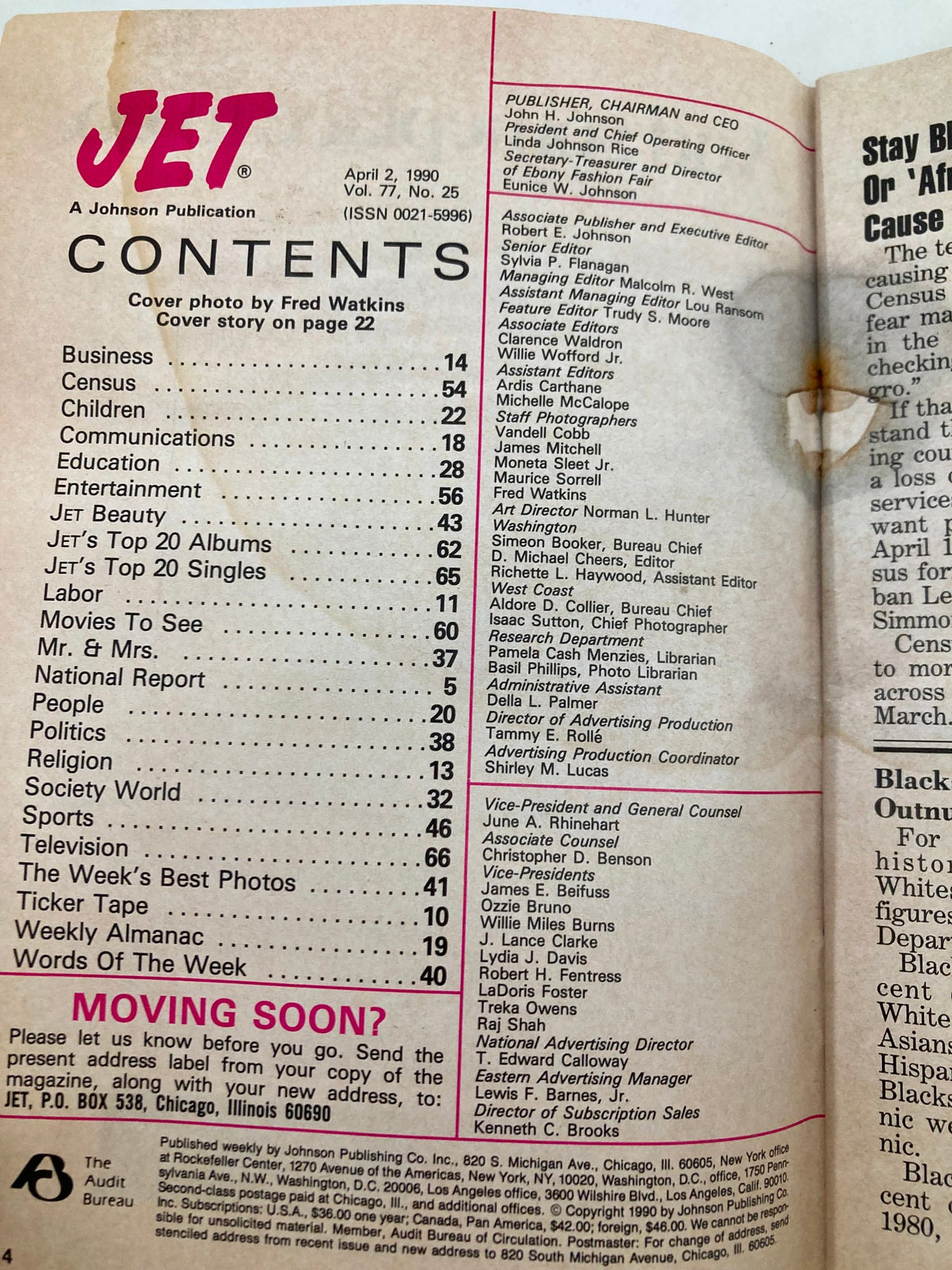 Contents page from VTG Jet Magazine April 2 1990 Vol 77 #25 Raven-Symoné at Cosby's TV Prodigy, featuring list of articles and features including business, entertainment, sports, and more.