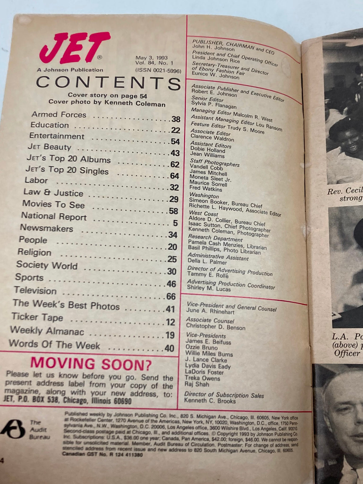 Inside page of Jet Magazine May 3, 1993, Vol 84 #1 displaying the table of contents.