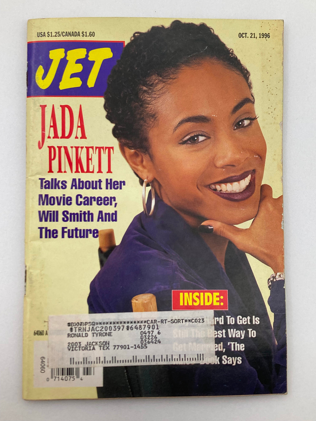 Cover of Jet Magazine, October 21 1996, Volume 90 #23 featuring Jada Pinkett, discussing her movie career and relationship with Will Smith.