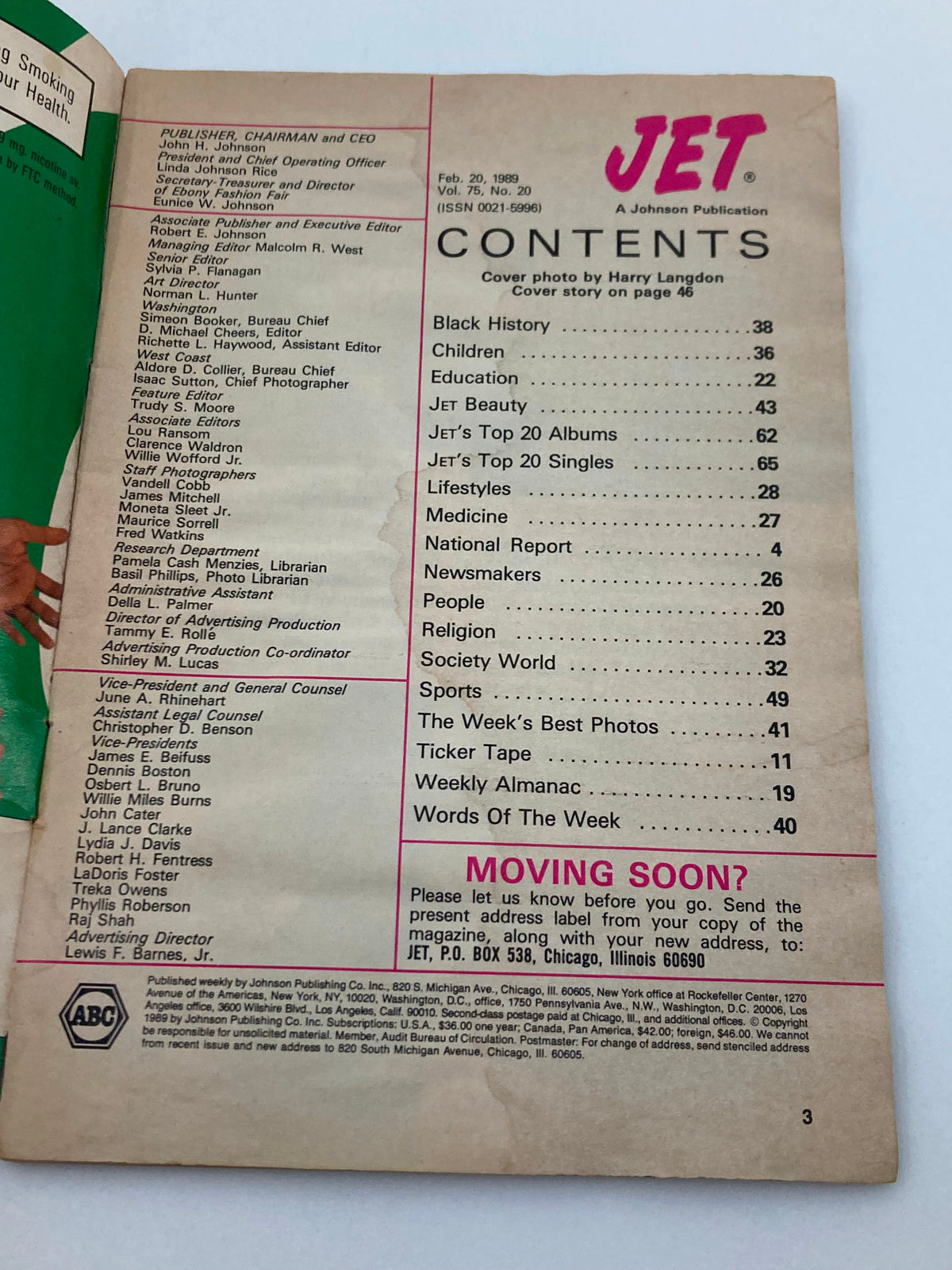 Contents page of VTG Jet Magazine February 20 1989 Vol 75 #20, listing various sections such as Black History, Education, and Jet's Top 20 Albums, typical of a publication's layout, published by Johnson Publishing Co.