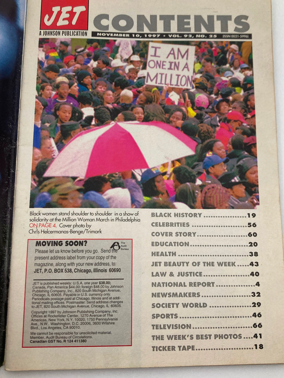 Contents page of VTG Jet Magazine November 10 1997 Vol 92 #25. Highlights the Million Woman March with a photograph of attendees holding umbrellas and a sign stating 'I AM ONE IN A MILLION.' Includes table of contents for the issue.