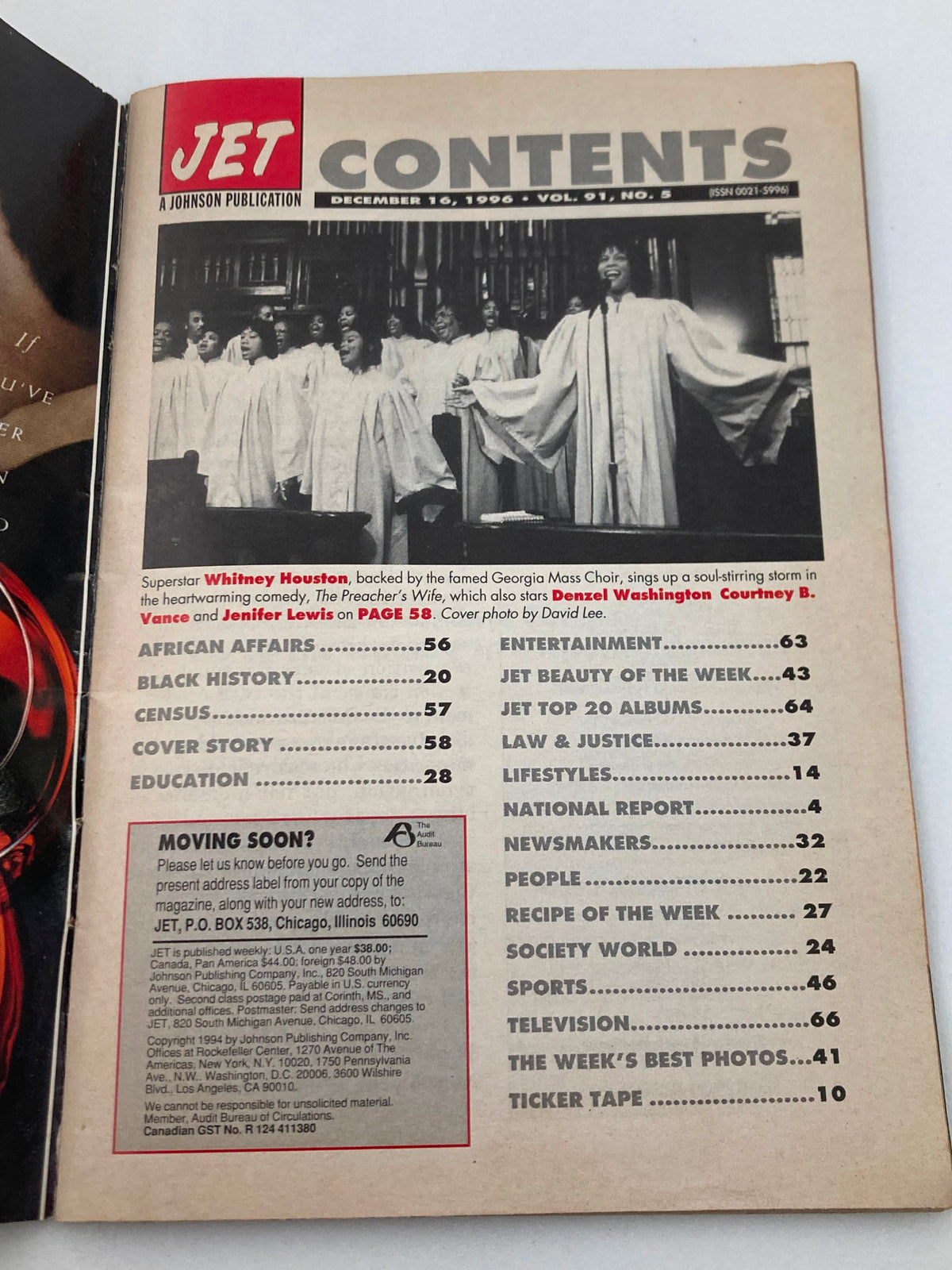 Contents page of VTG Jet Magazine December 16 1996 Vol 91 #5 highlighting Whitney Houston's performance backed by the Georgia Mass Choir in 'The Preacher's Wife' alongside Denzel Washington, with a detailed table of contents.