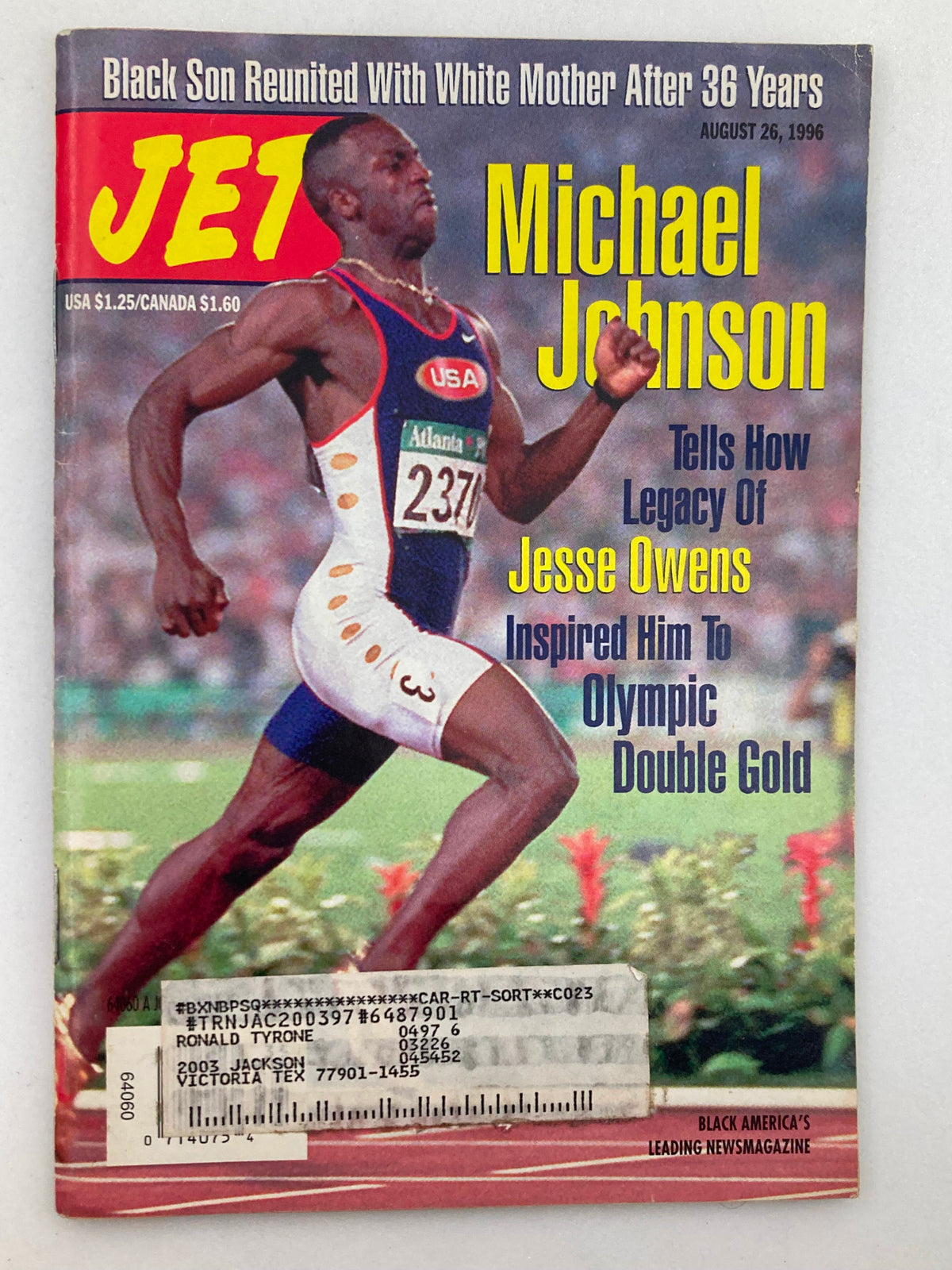 Cover of VTG Jet Magazine August 26 1996 Vol 90 #15 featuring Michael Johnson, an Olympic athlete, discussing how Jesse Owens inspired him to Olympic double gold. The magazine highlights a story about a reunion of a black son with his white mother.