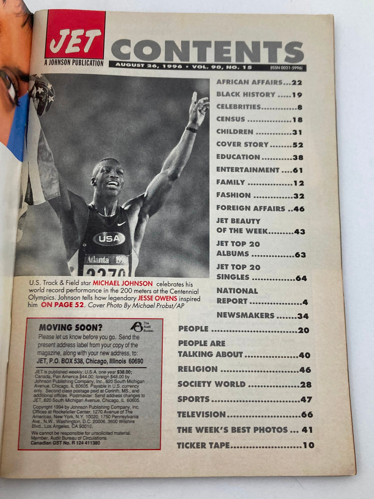 Contents page of VTG Jet Magazine August 26 1996 Vol 90 #15, displaying articles including Michael Johnson celebrating his record-setting performance and the legacy of Jesse Owens. It includes topics like African affairs and black history.