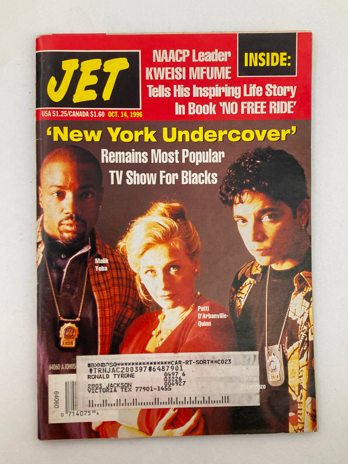 Cover of VTG Jet Magazine October 14 1996 Vol 90 #22 featuring Malik Yoba and Patti D'Arbanville-Quinn, highlighting 'New York Undercover' as the most popular TV show for Blacks.