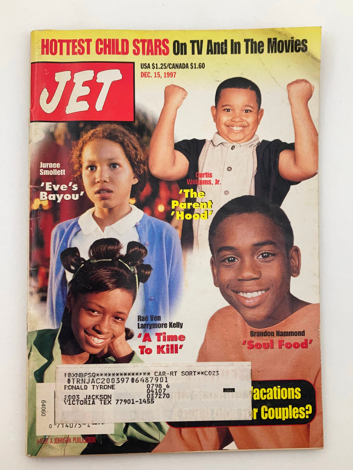 Cover of Jet Magazine December 15, 1997, Vol 93 #4 featuring Jurnee Smollett, Curtis Williams Jr., and other young stars with the tagline 'Hottest Child Stars On TV And In The Movies.'