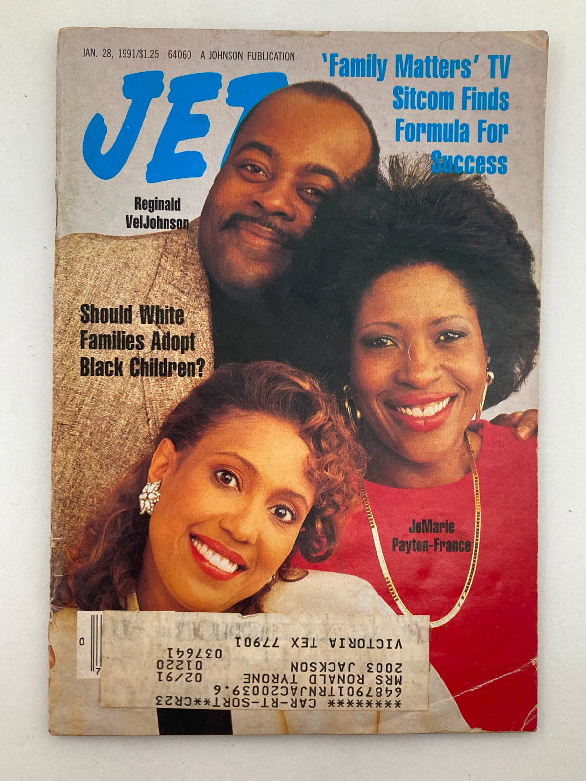 Cover of Jet Magazine dated January 28, 1991, featuring Reginald VelJohnson and JoMarie Payton-France, with headline about adoption and the sitcom 'Family Matters'.