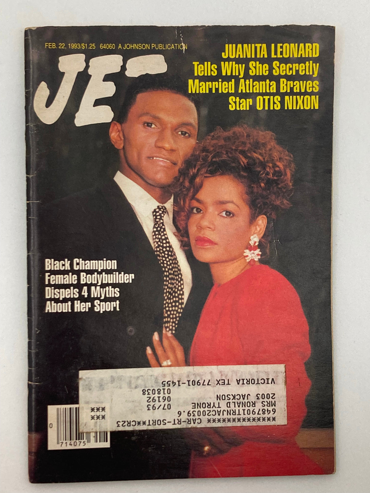 Jet Magazine cover from February 22, 1993, featuring Juanita Leonard and Otis Nixon. The title highlights Juanita Leonard's story about her marriage to Atlanta Braves star Otis Nixon. The cover includes the tagline 'Black Champion Female Bodybuilder Dispels 4 Myths About Her Sport'.