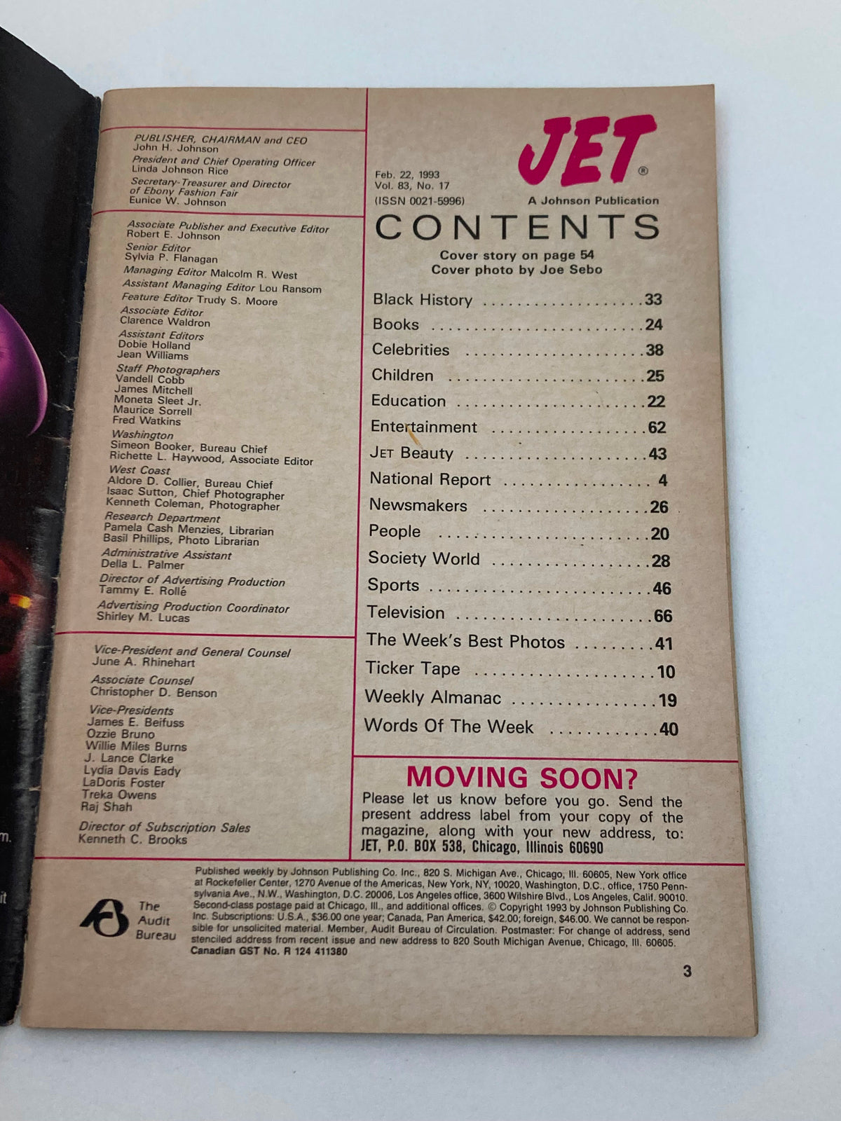 Contents page of Jet Magazine dated February 22, 1993, Volume 83, Number 17. The page lists various sections including Black History, Celebrities, Education, and more, emphasizing the magazine's diverse topics.