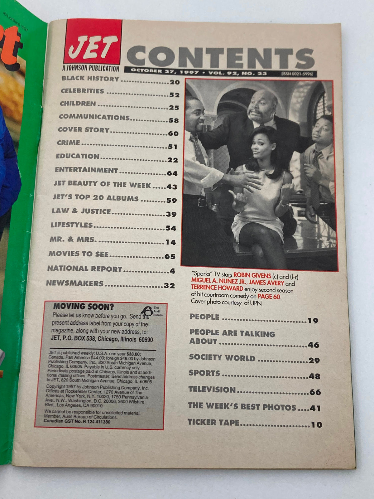 Contents page of Jet Magazine dated October 27, 1997, Vol 92 #23, showcasing articles on Black history, celebrities, entertainment, and including the cast of 'Sparks'.