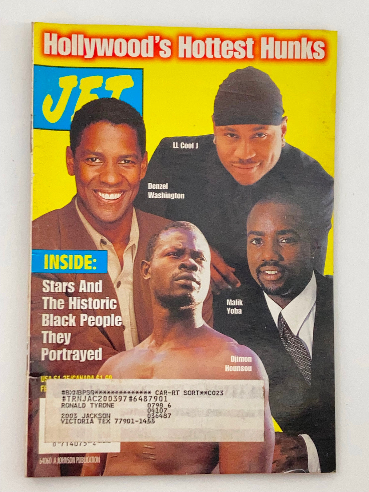 Cover of Jet Magazine February 9, 1998, Volume 93 #11 featuring Denzel Washington, Djimon Hounsou, LL Cool J, and Malik Yoba, highlighting Hollywood's hottest hunks.