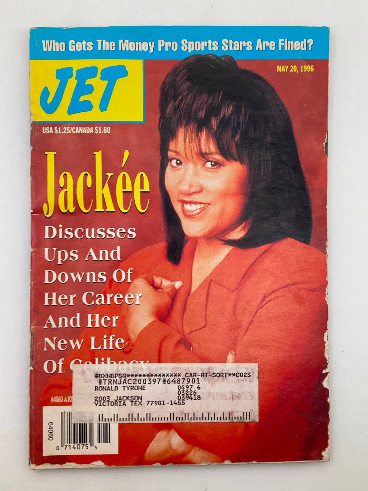 Cover of Jet Magazine from May 20, 1996, Vol 90, No 1 featuring Jackée Harry discussing the ups and downs of her career, with her smiling on the cover.