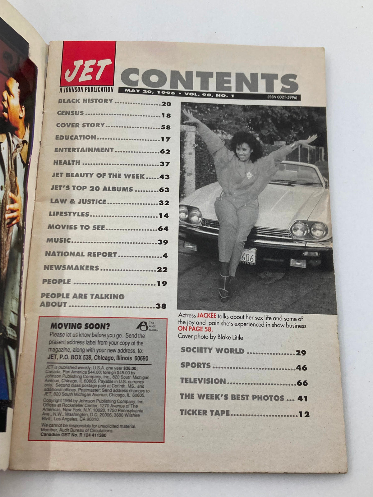 Contents page of Jet Magazine from May 20, 1996, Vol 90, No 1, highlighting articles including Jackée Harry discussing her life in the entertainment industry.