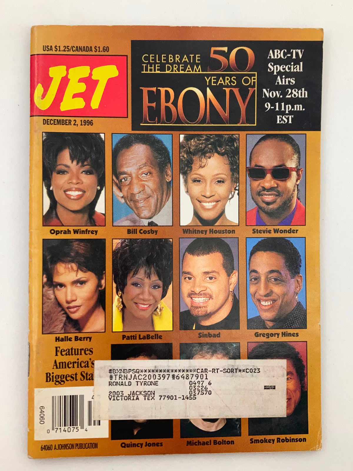 Jet Magazine December 2, 1996, Vol 91 #3 featuring notable personalities including Oprah Winfrey, Bill Cosby, Whitney Houston, and Stevie Wonder on the cover.