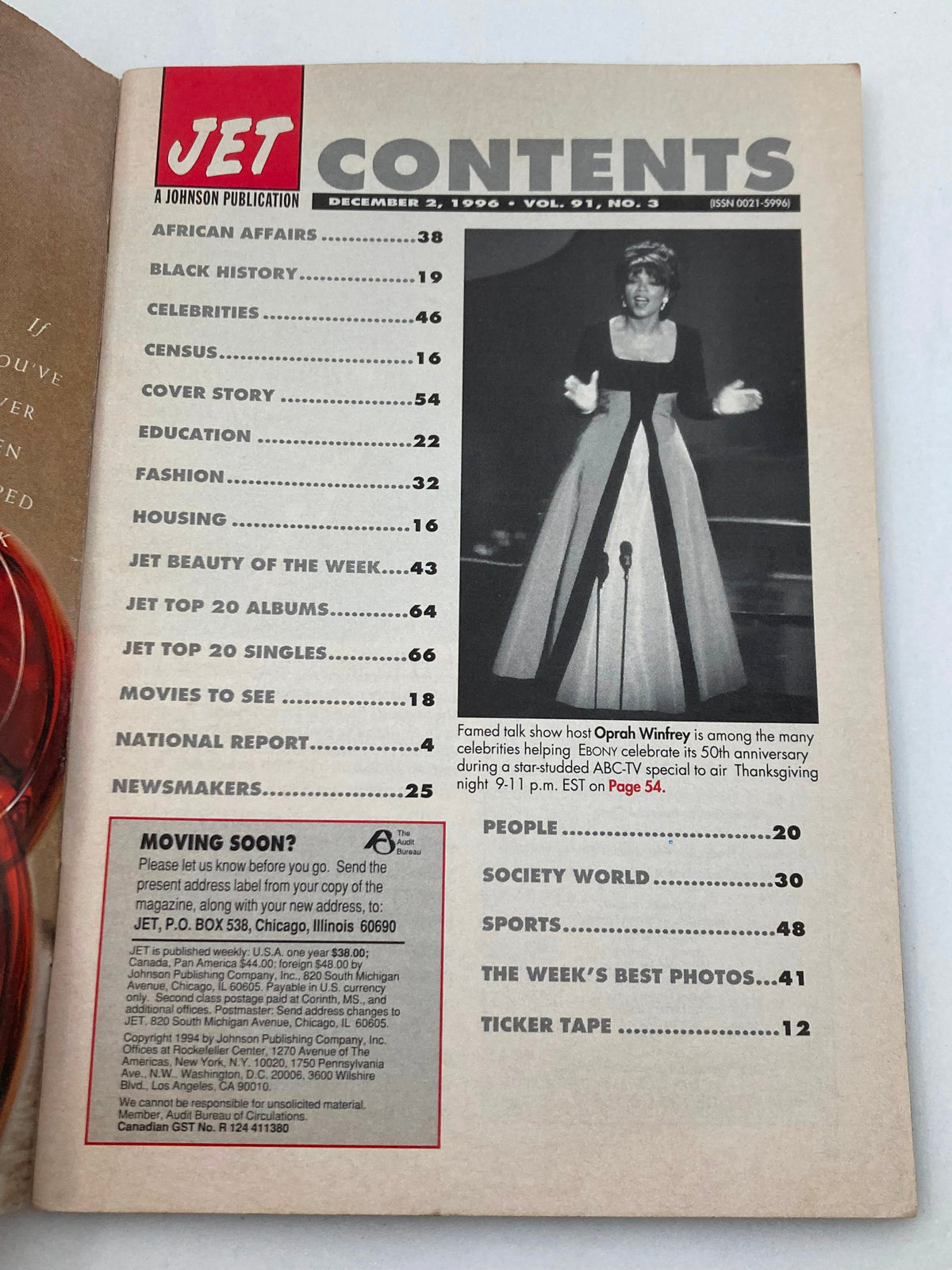 Contents page of Jet Magazine December 2, 1996, Vol 91 #3, listing articles on African Affairs, Black History, Celebrities, and more.