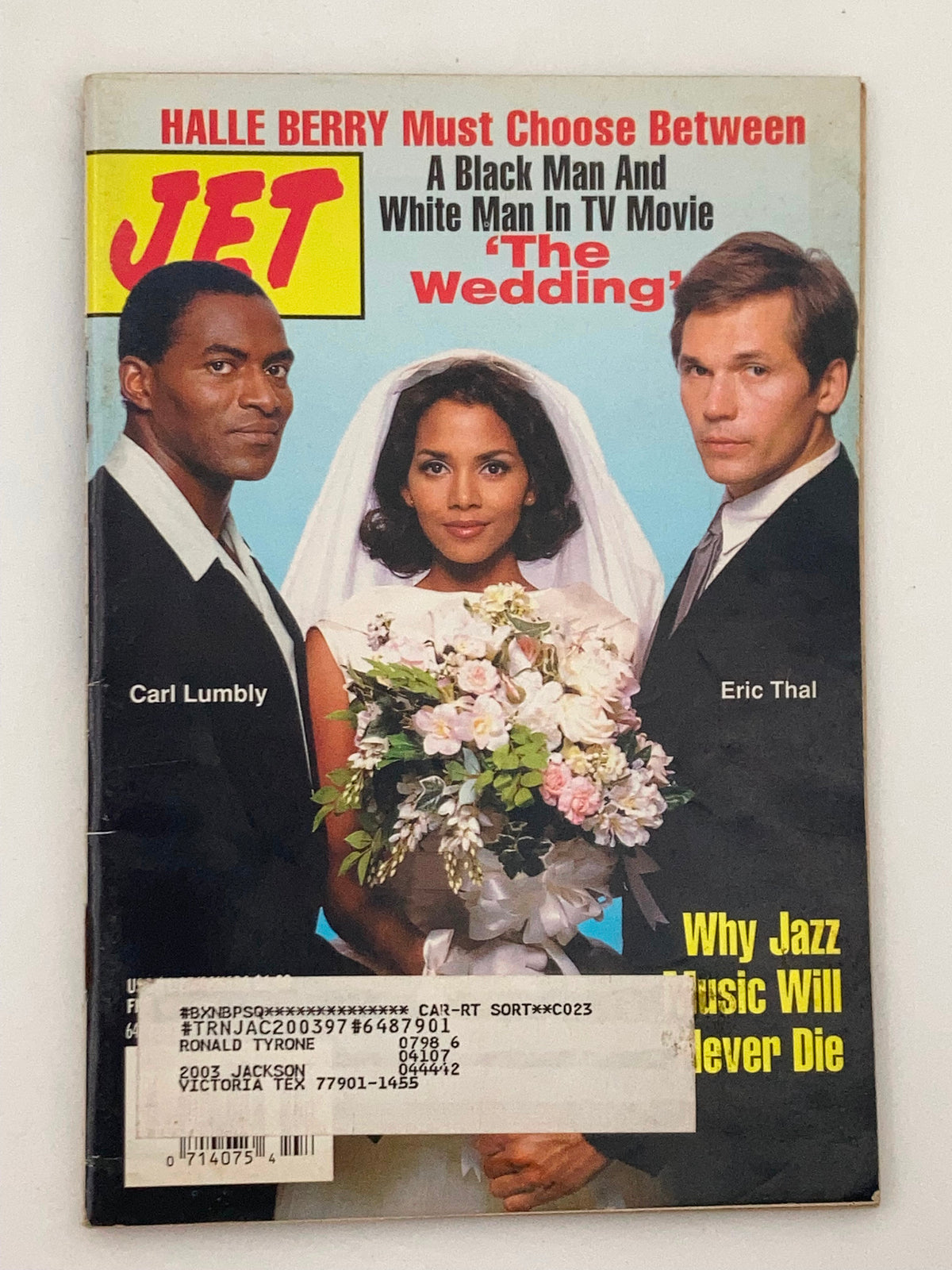Jet Magazine February 16, 1998, Vol 93 #12 featuring Halle Berry on the cover alongside Carl Lumbly and Eric Thal, highlighting a story about the movie 'The Wedding'.