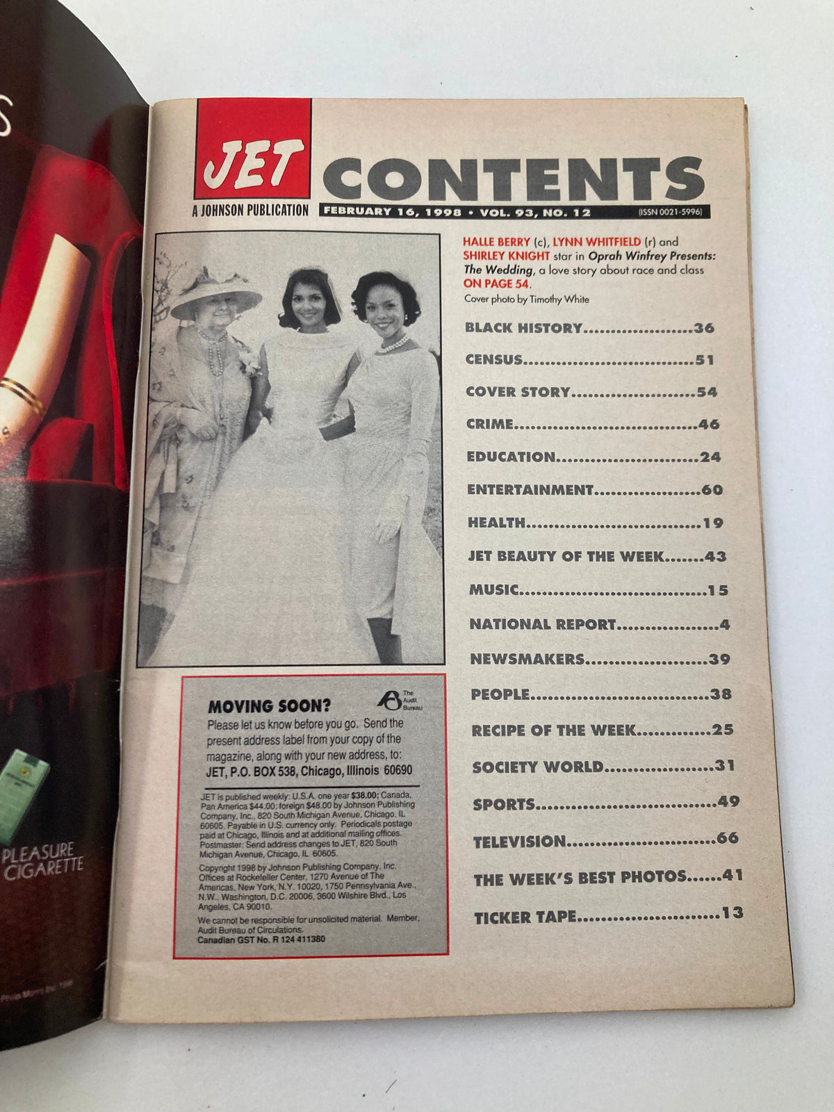 Inside contents page of Jet Magazine February 16, 1998, Vol 93 #12, showcasing Halle Berry, Lynn Whitfield, and Shirley Knight, and listing various topics including Black History and entertainment.