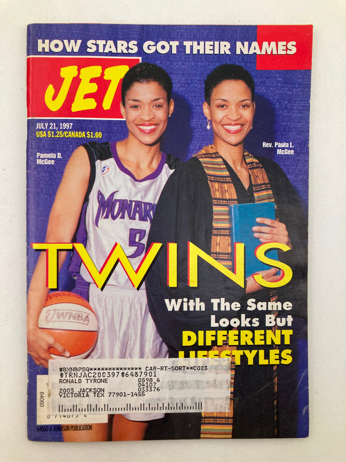 Jet Magazine July 21 1997 Vol 92 #9 featuring Pamela D. McGee and Rev. Paula L. McGee on the cover, highlighting their twin connection with a focus on different lifestyles.