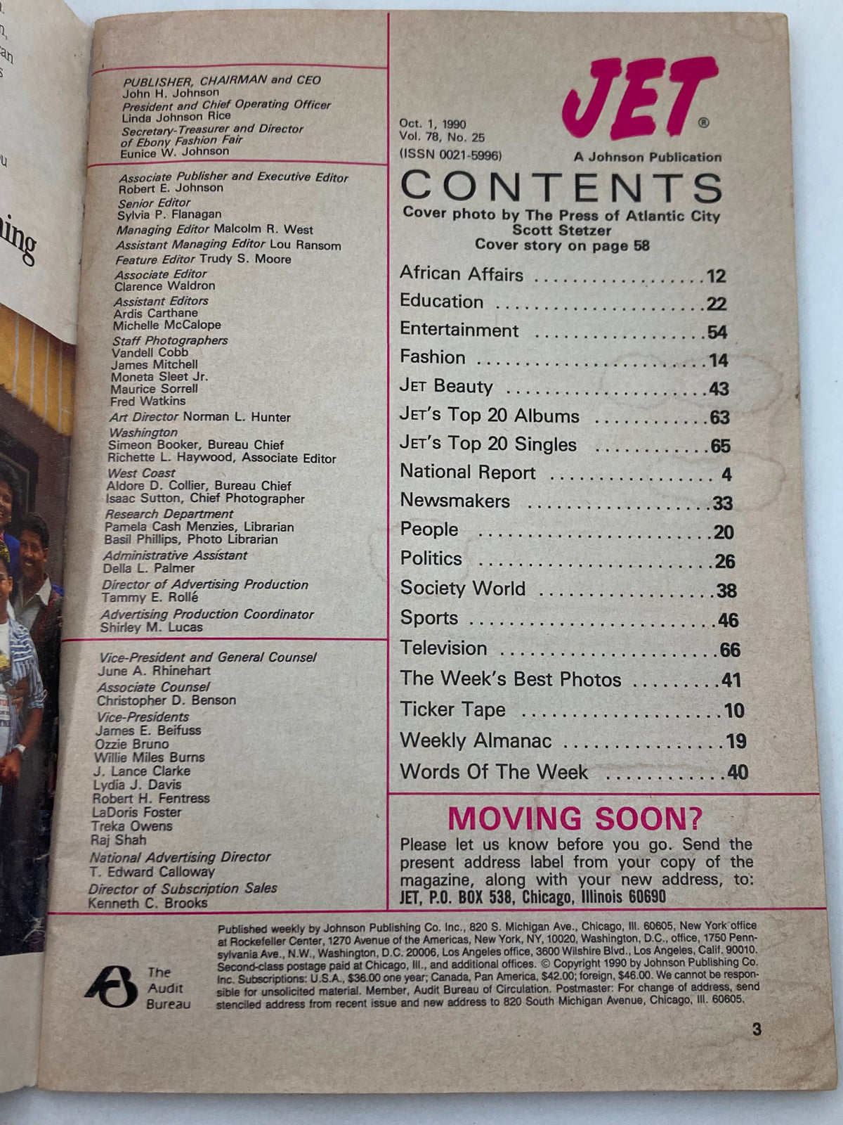 Contents page from Jet Magazine, October 1, 1990, Vol 78 #25, listing various articles including features on African Affairs, Education, and Entertainment.