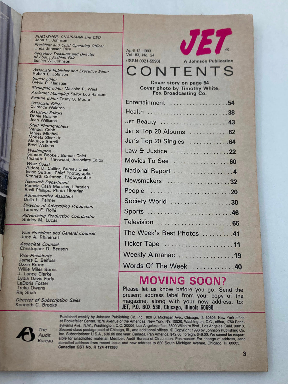 Contents page of Jet Magazine April 12, 1993, Vol 83 #24 listing various sections including entertainment, health, and society, showcasing the magazine's diverse coverage.