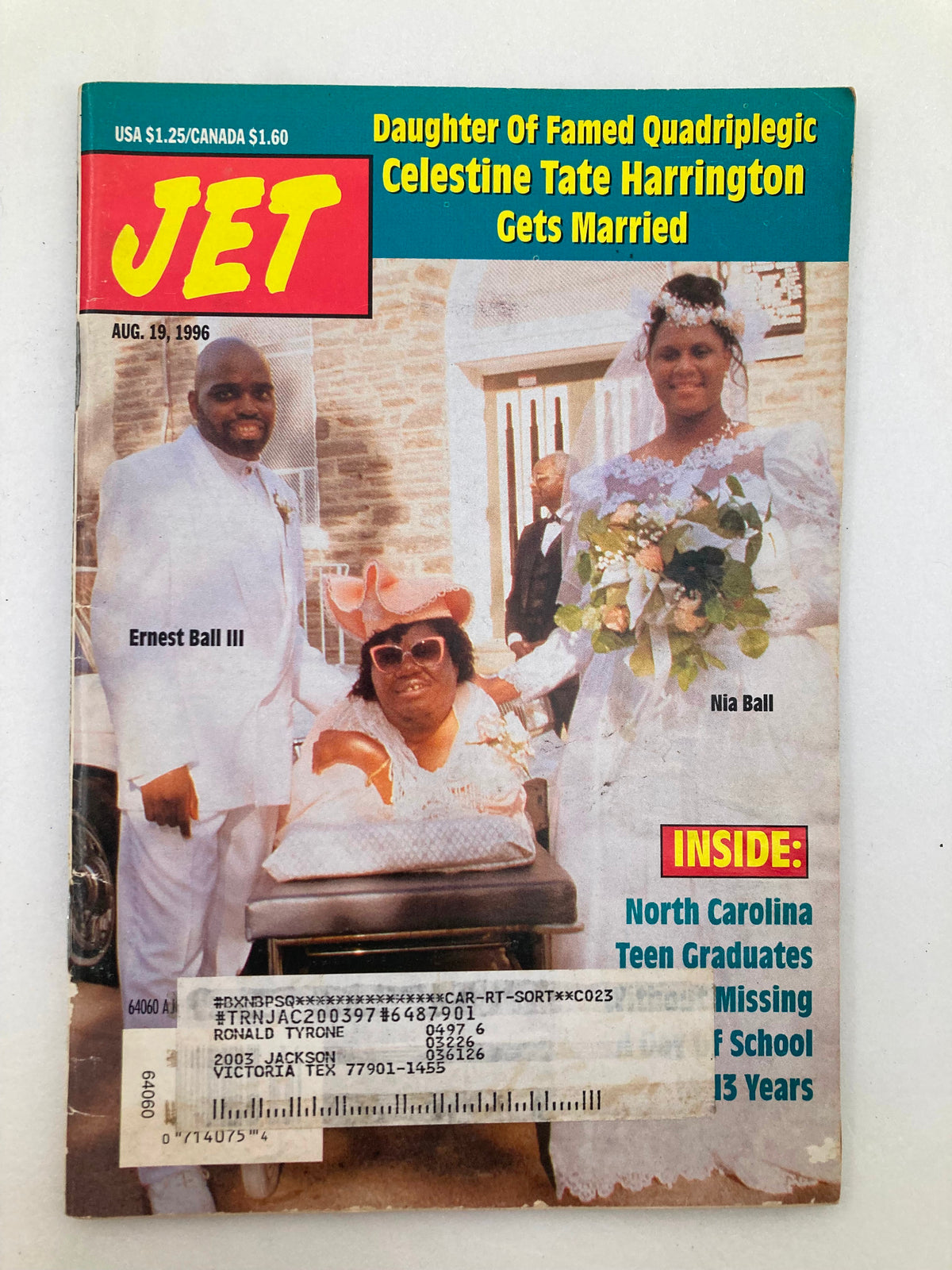 Cover of Jet Magazine August 19 1996, Vol 90 #14 featuring Tate Harrington, Nia Ball, and Ernest Ball III, highlighting the wedding of Celestine Tate Harrington.