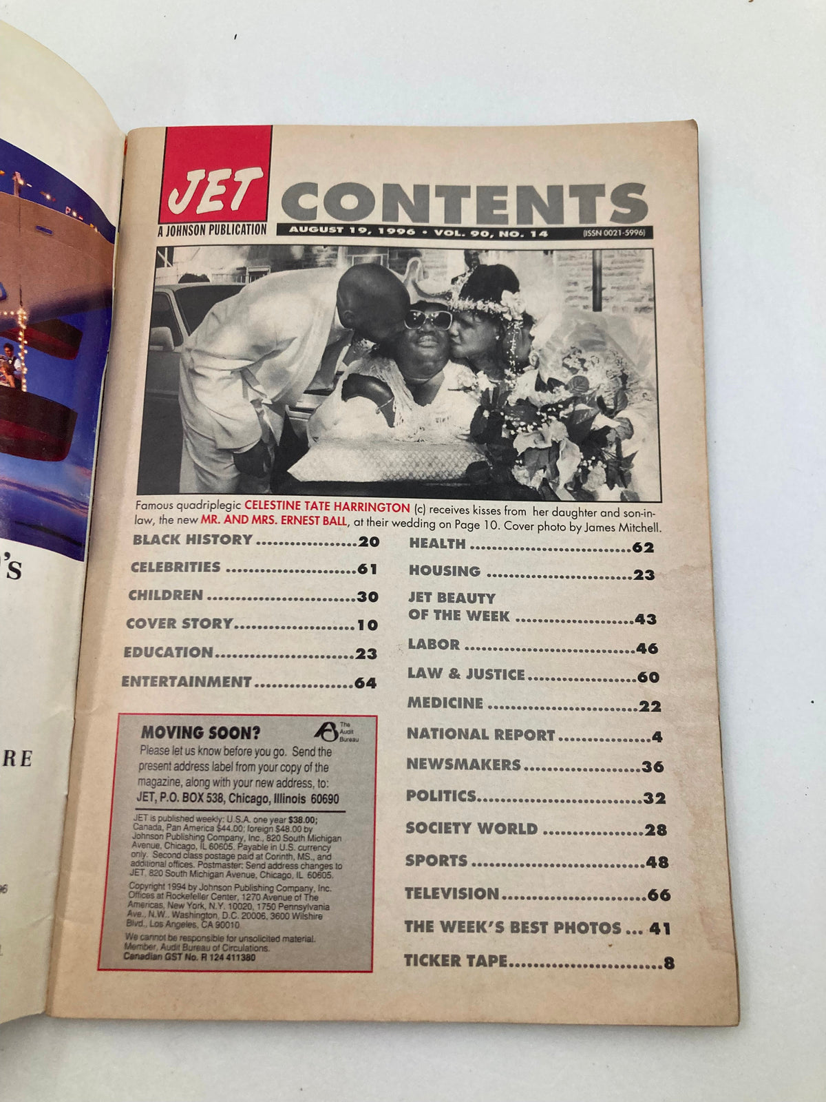 Contents page of Jet Magazine August 19 1996, Vol 90 #14, showcasing a wedding photo of Celestine Tate Harrington with her daughter and son-in-law, along with an overview of magazine sections.
