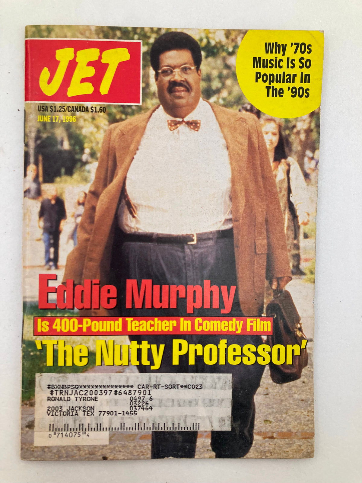 Cover of Jet Magazine, June 17, 1996, Vol 90 #5, featuring Eddie Murphy in film 'The Nutty Professor', showcasing an image of Murphy dressed as a school teacher.