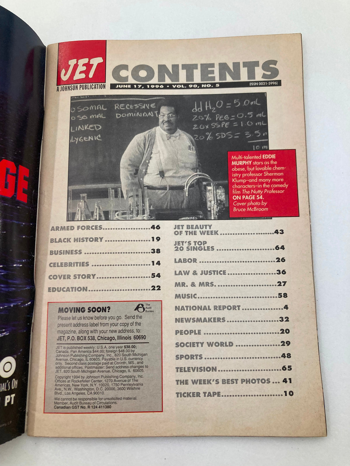 Contents page of Jet Magazine, June 17, 1996, Vol 90 #5, highlighting Eddie Murphy's role in 'The Nutty Professor', with details about the magazine's features.