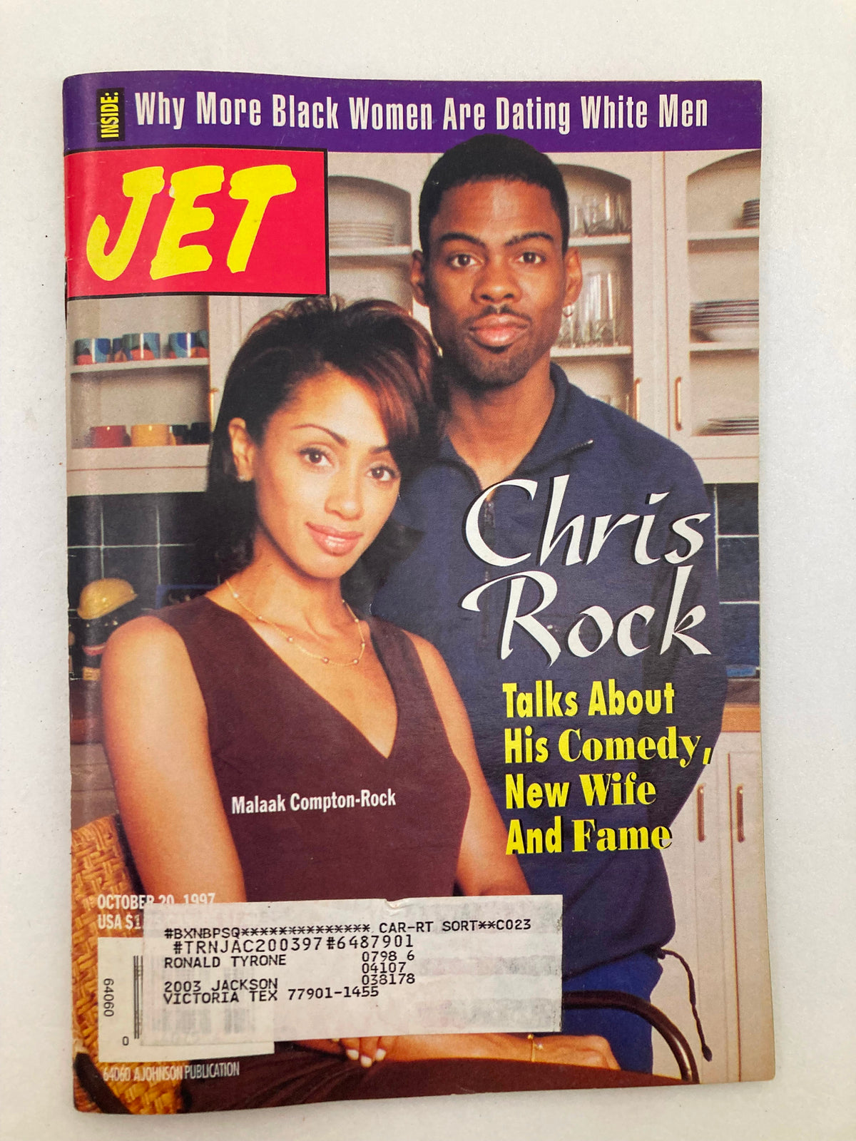 Jet Magazine cover for October 20, 1997, featuring Chris Rock and Malaak Compton-Rock. The cover discusses topics such as Chris Rock's comedy, his new wife, and fame.
