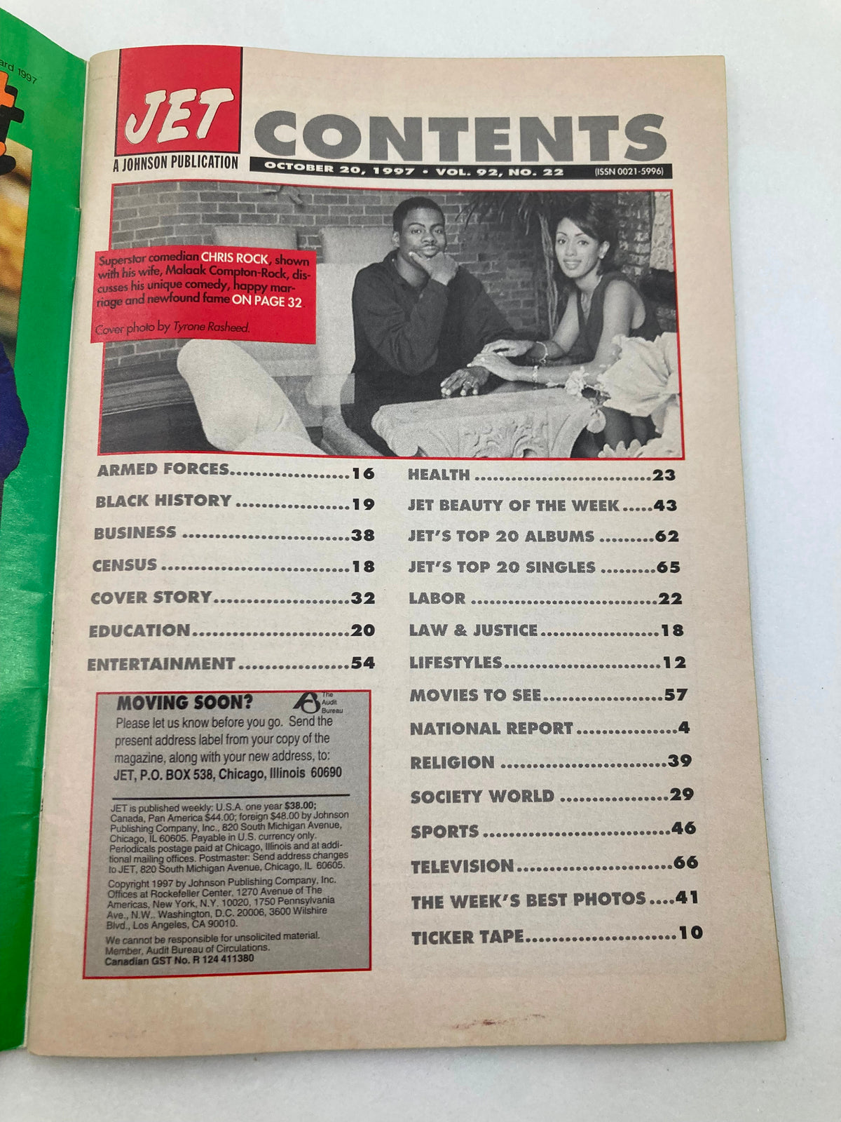 Jet Magazine October 20 1997 Volume 92 Number 22 featuring a contents page with Chris Rock and Malaak Compton-Rock. The page includes articles on health, beauty, music, and entertainment, with a cover photo by Tyrone Rasheed.