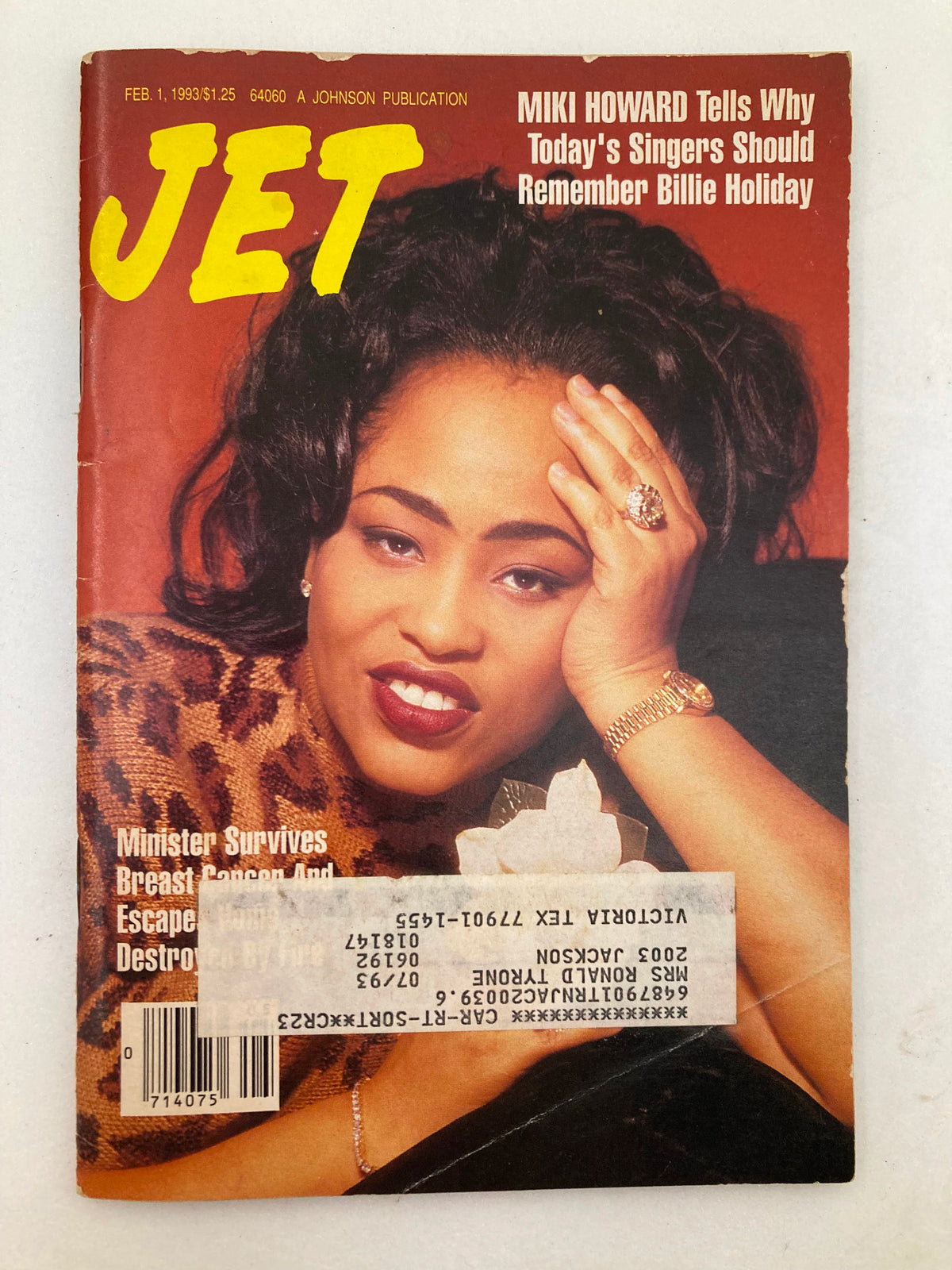 Cover of Jet Magazine dated February 1, 1993, featuring Miki Howard on the front. The magazine's title is prominently displayed, along with the headline on Howard's article discussing why today's singers should remember Billie Holiday. The cover shows minor wear and has an address label.