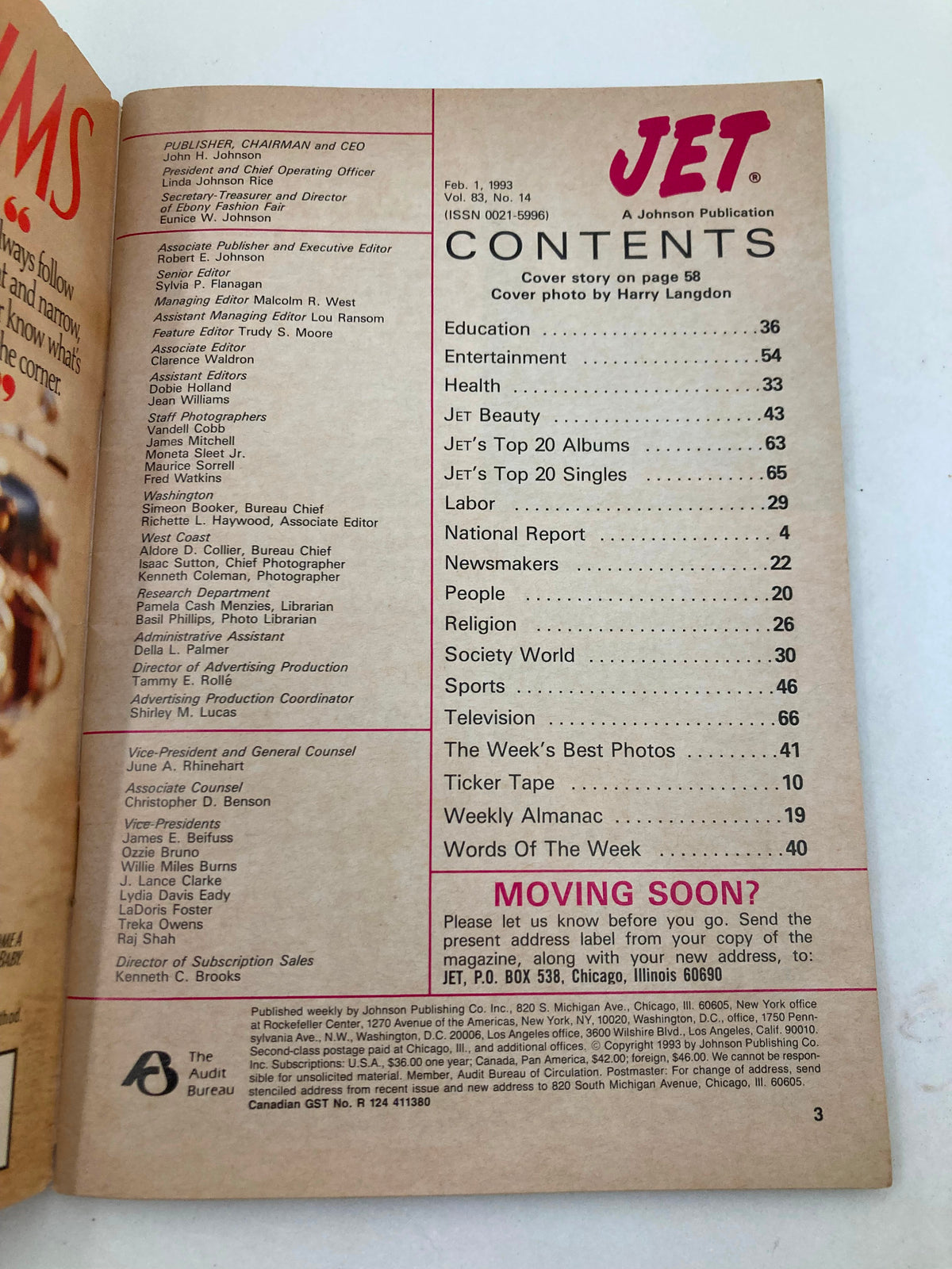 Table of contents from Jet Magazine, February 1, 1993, Vol 83 No 14 featuring highlights like Education, Entertainment, and Sports, relevant to Miki Howard's Remember Billie Holiday article.