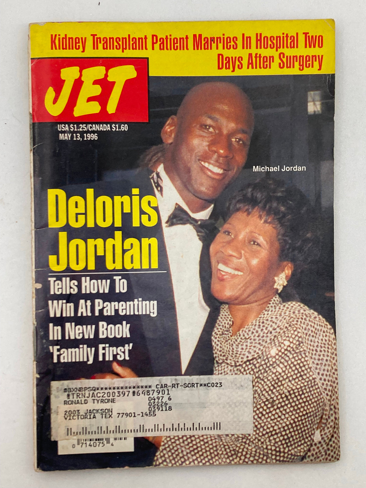 Jet Magazine cover from May 13, 1996, Volume 89 #26 featuring NBA star Michael Jordan and Deloris Jordan, highlighting parenting advice in Deloris Jordan's new book 'Family First'.