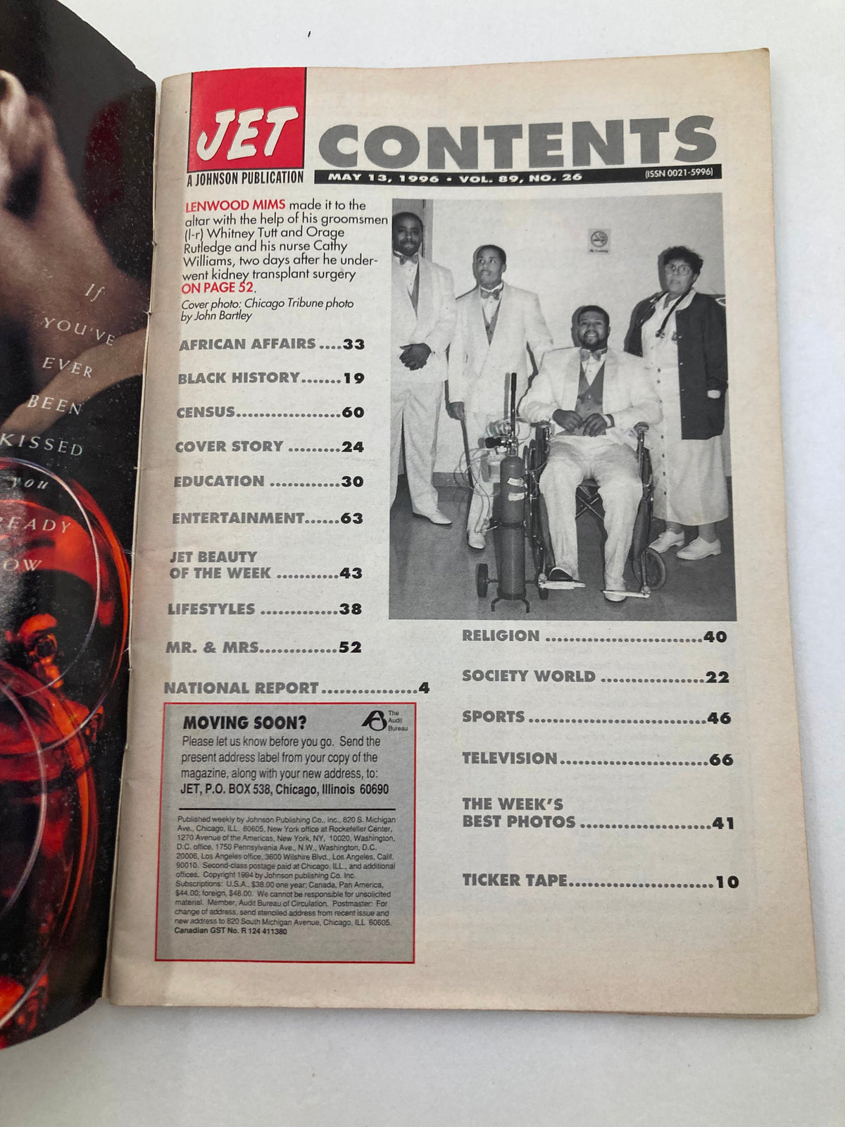 Contents page of Jet Magazine May 13, 1996, Volume 89 #26, detailing featured articles including African Affairs, Cover Story, Sports, and Religion.