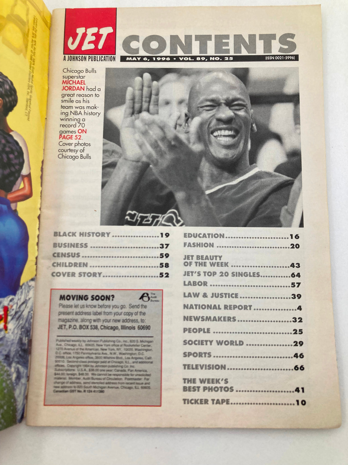 Contents page of Jet Magazine May 6, 1996, Vol 89 #25 showcasing an article about Michael Jordan, who is celebrating the Chicago Bulls' record-winning season, with a close-up image of Jordan smiling.