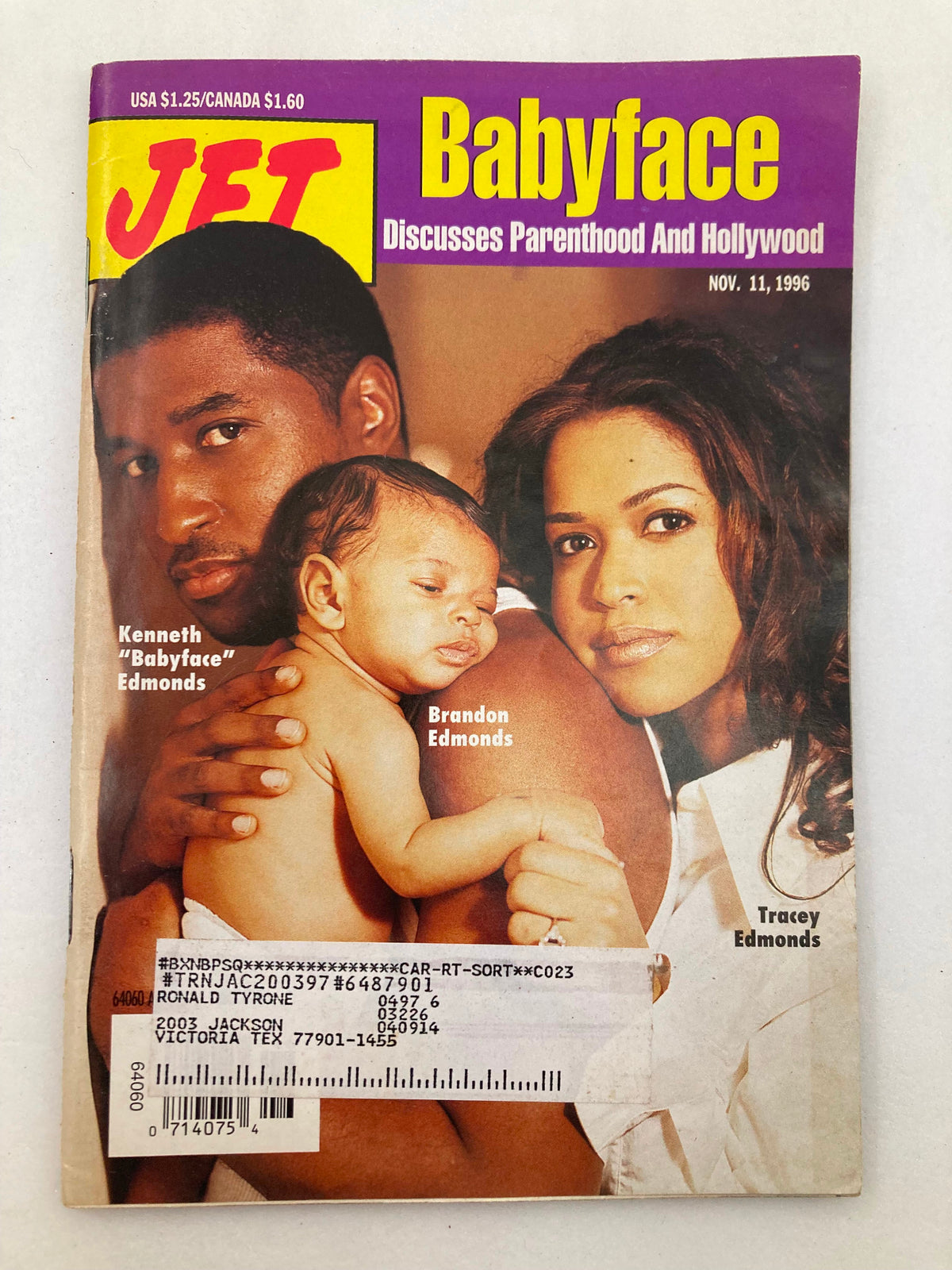 Cover of Jet Magazine dated November 11, 1996, featuring Babyface, his wife Tracey Edmonds, and their child Brandon Edmonds, discussing parenthood and Hollywood.