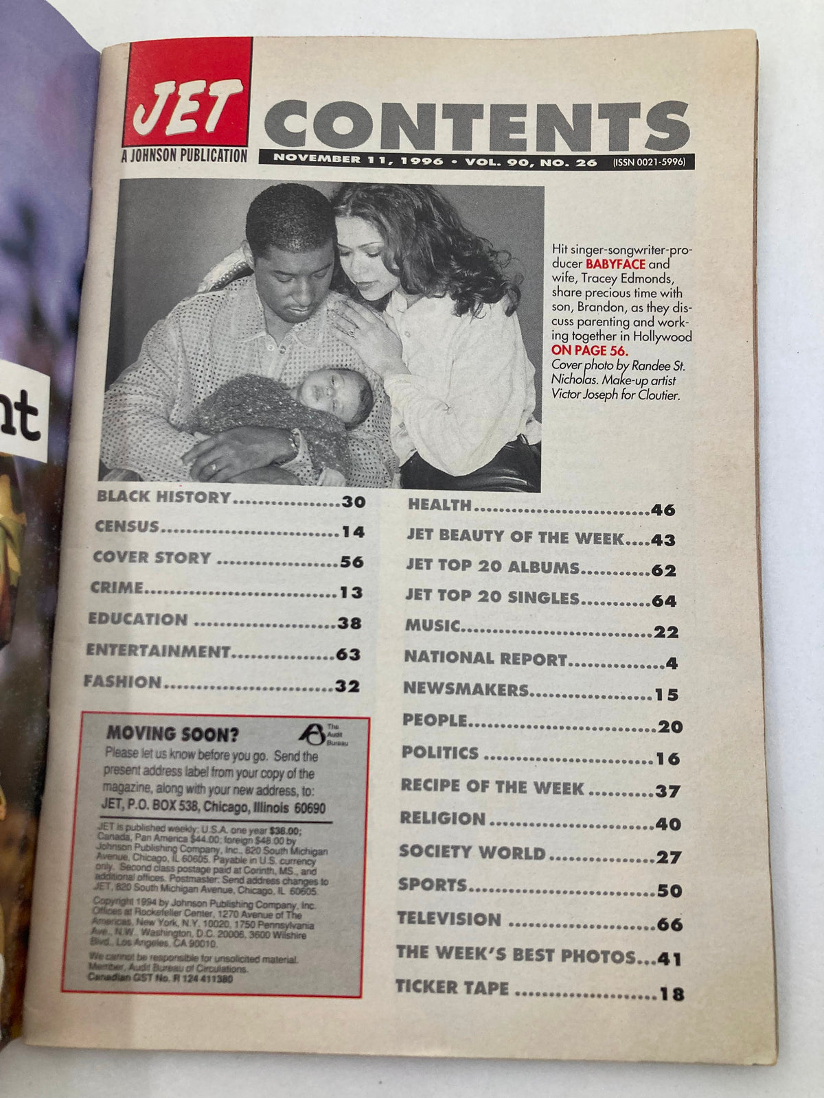 Contents page of Jet Magazine, November 11, 1996, featuring Babyface and Tracey Edmonds with their child, indicating articles including 'Cover Story' and other topics.