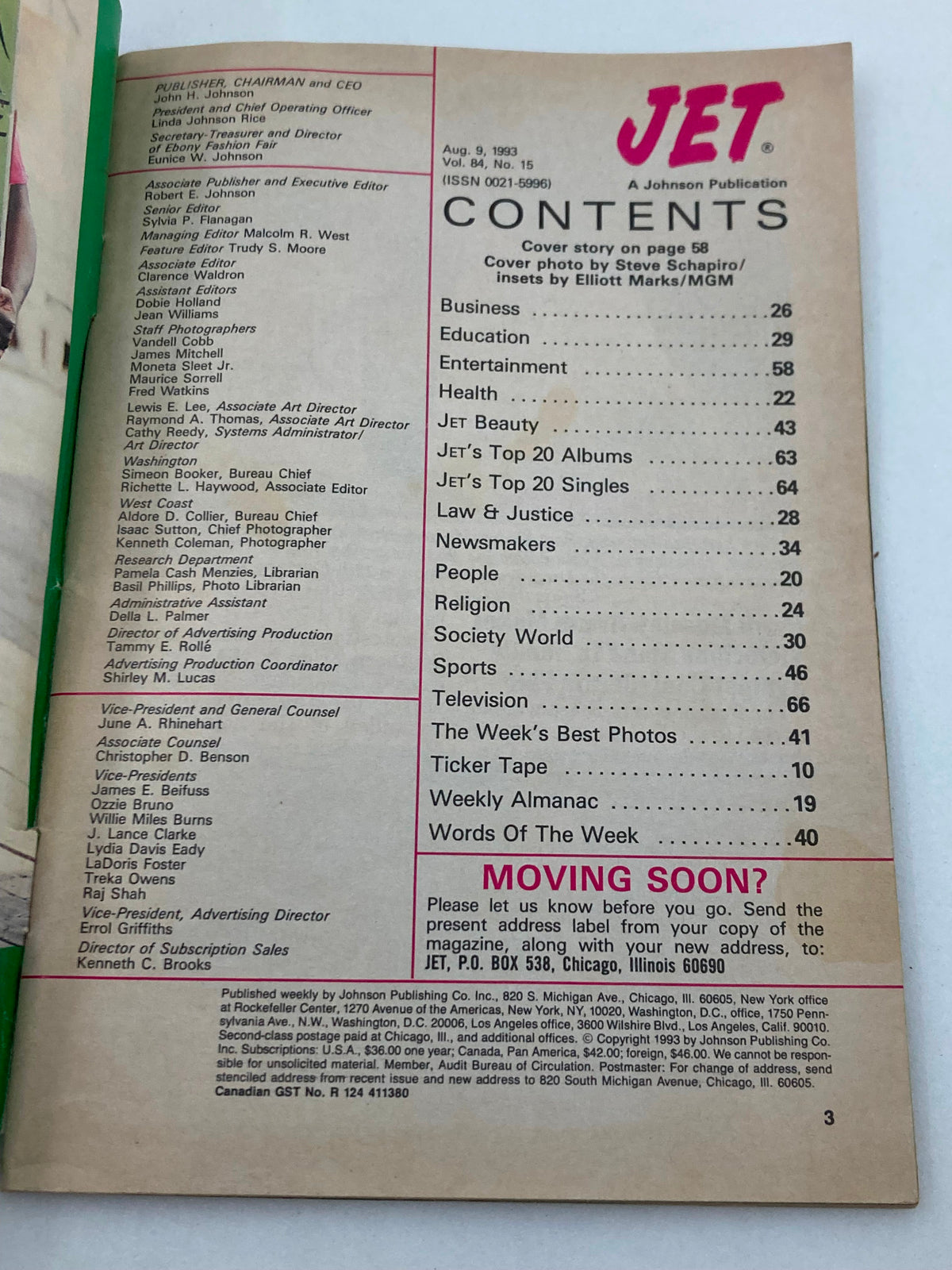 Contents page of Jet Magazine August 9, 1993, Vol 84 #15, detailing articles and topics including education, entertainment, and social issues.
