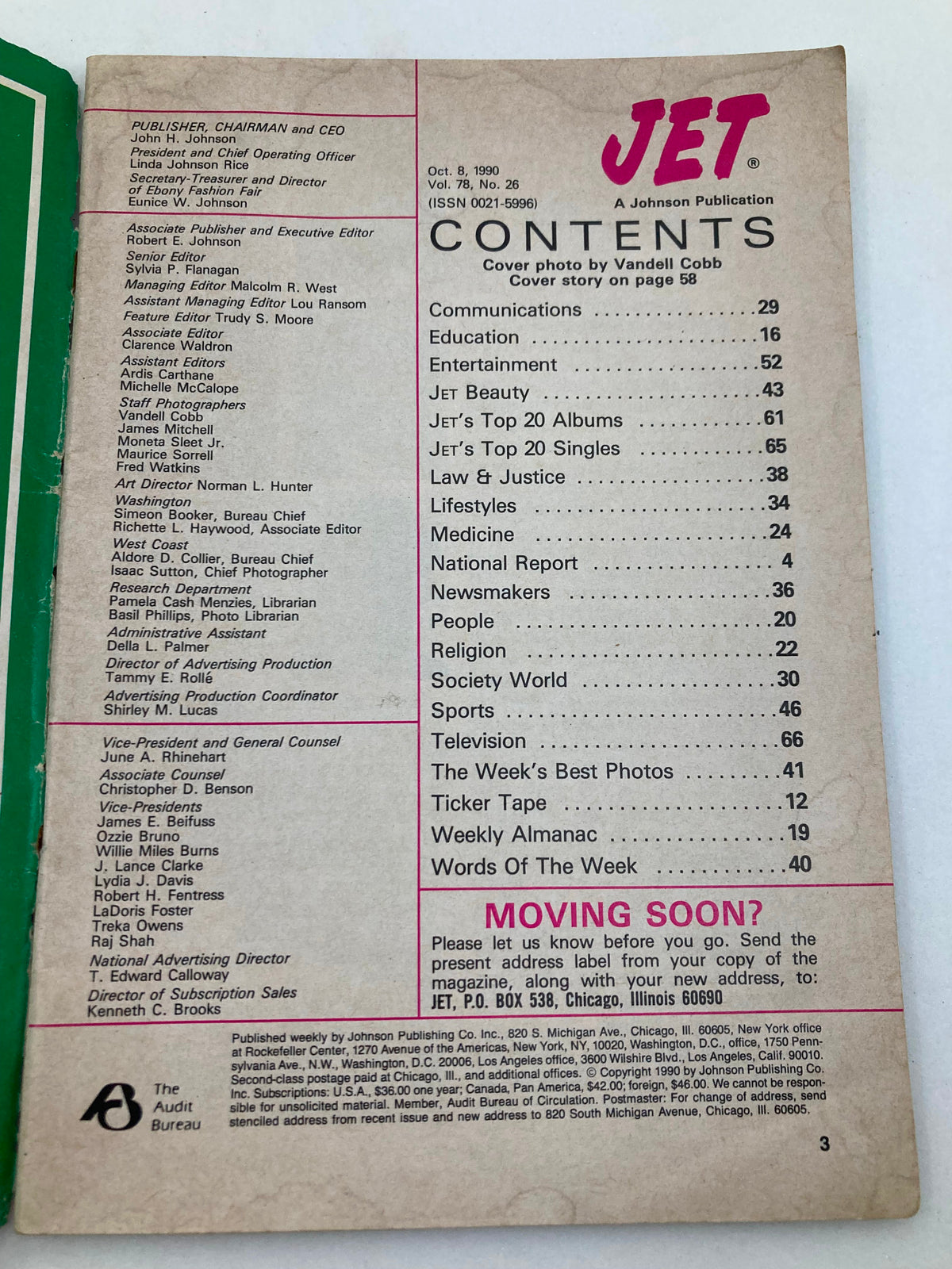 Contents page of Jet Magazine, October 8, 1990, Vol 78 #26, outlining various sections such as entertainment and lifestyle articles.