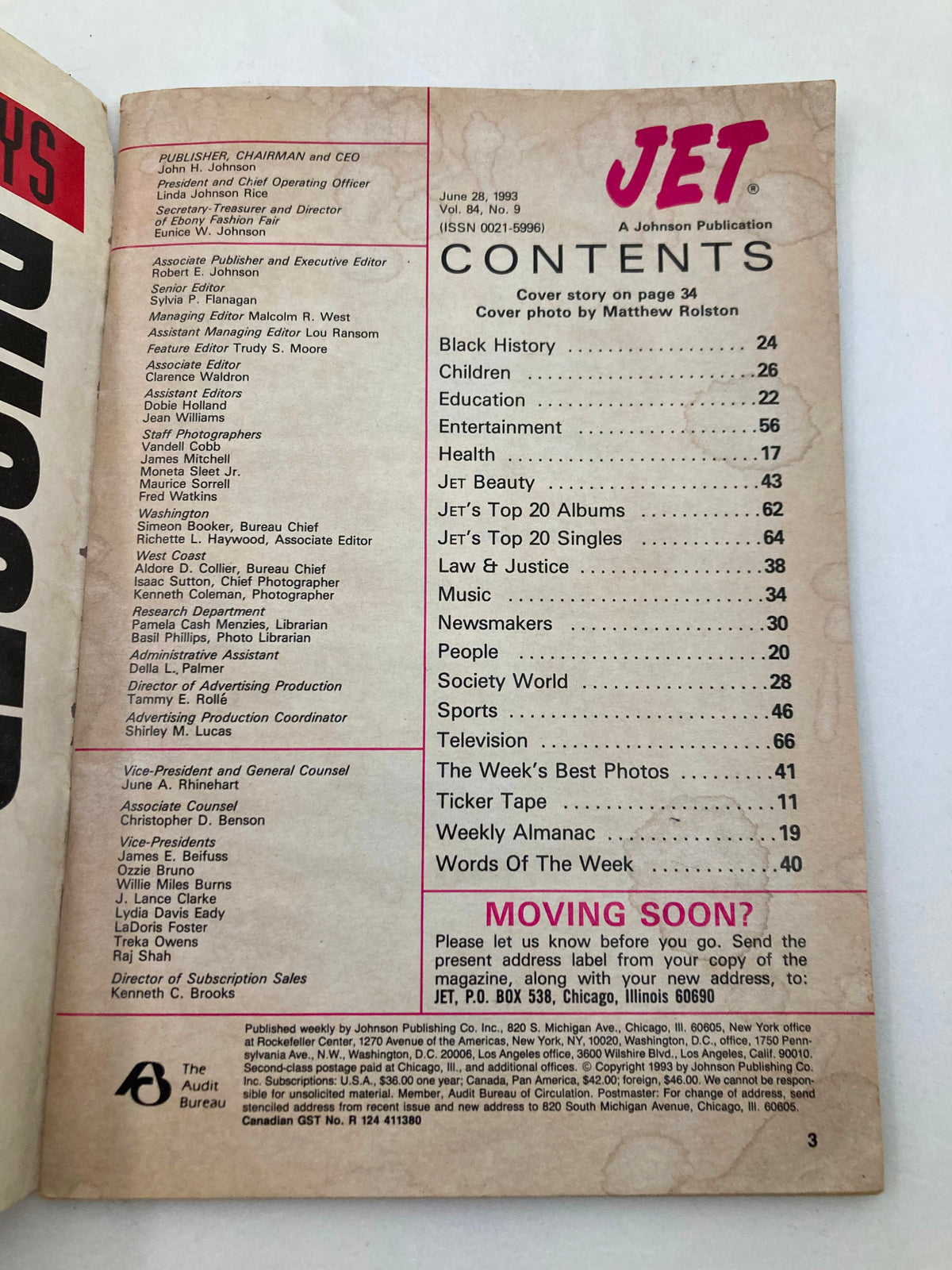Contents page of Jet Magazine, June 28, 1993, Vol 84 #9, including sections on entertainment, health, beauty, and more.