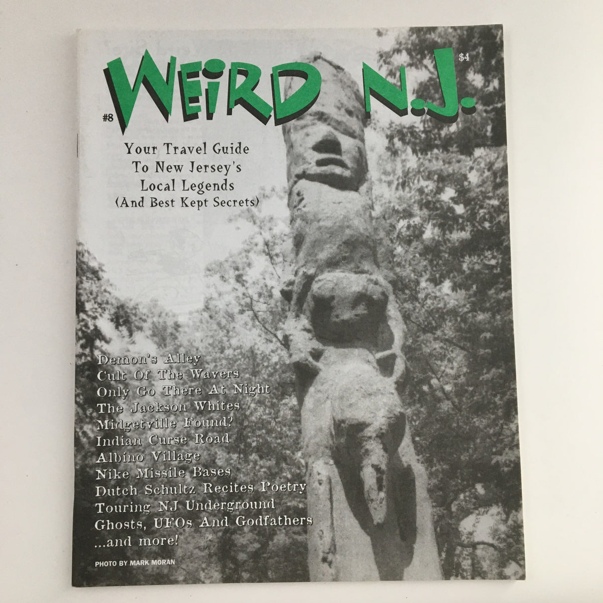 Cover of Weird N.J. Magazine 1998 #8 featuring a travel guide to New Jersey's local legends with intriguing graphics and a list of quirky topics.