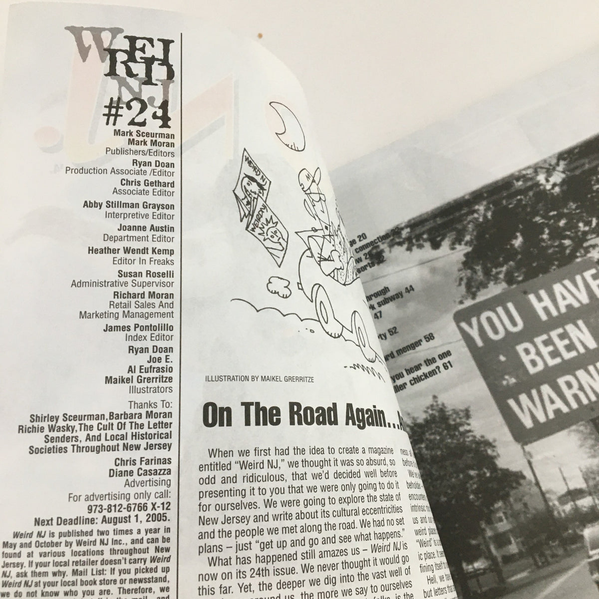 Interior page of Weird N.J. Magazine May 2005 #24 displaying the table of contents with illustrations, highlighting New Jersey's travel guide to local legends.