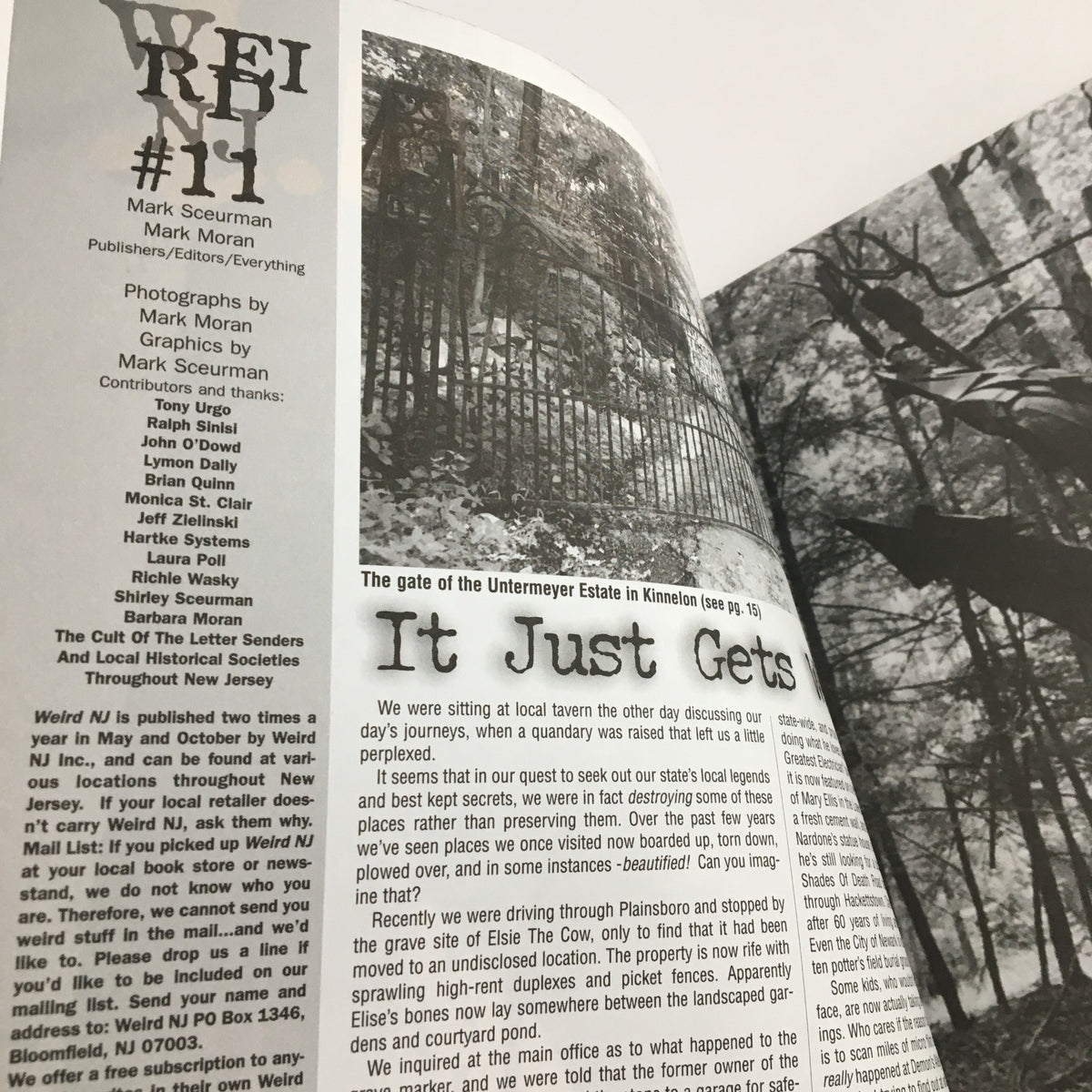 Inside spread of Weird N.J. Magazine 1999 #11 highlighting an article about local mysteries, including a photograph of the Untermeyer Estate gate in Kinnelon, accompanied by text discussing New Jersey's hidden secrets.