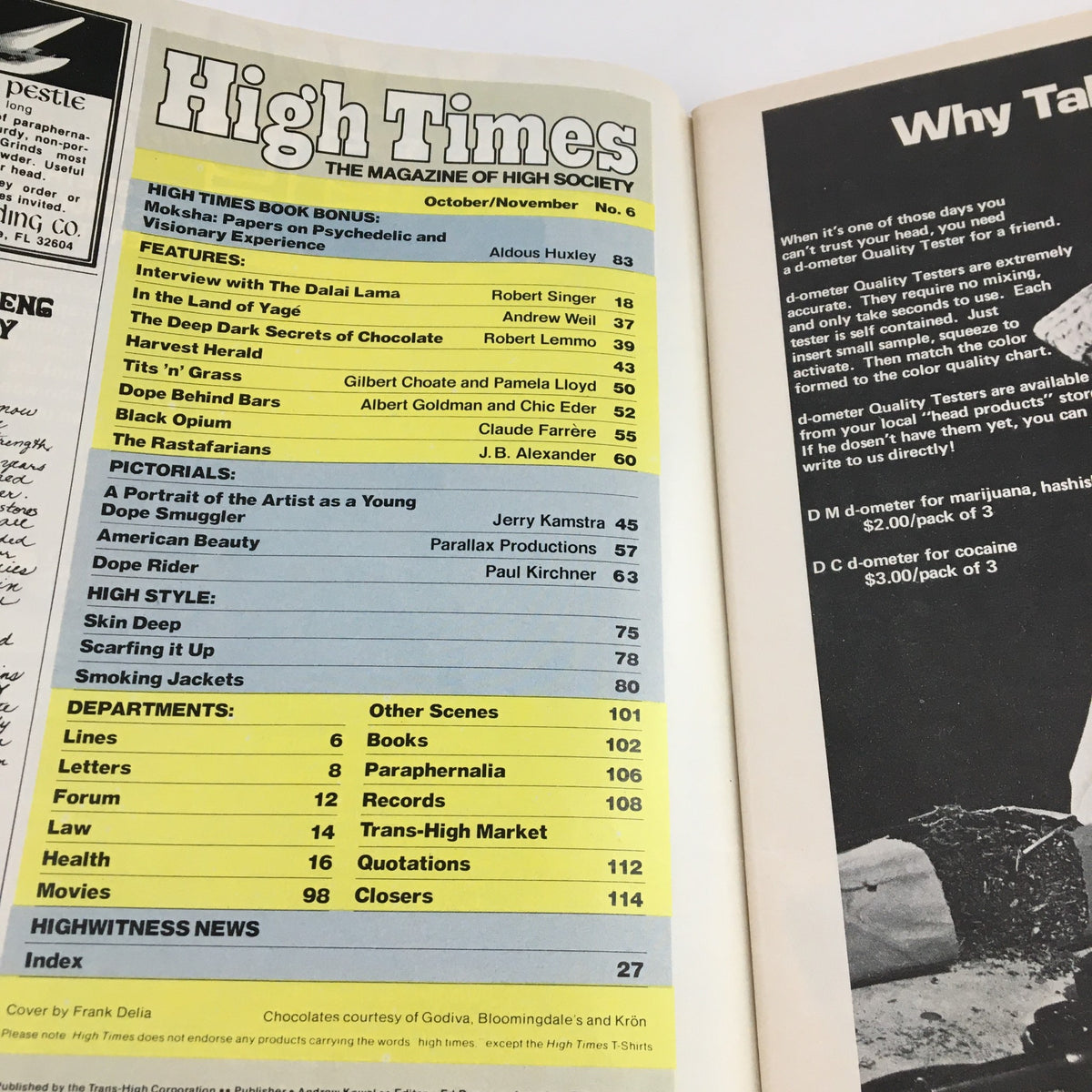 Inside page of High Times Magazine October November #6 displaying contents including the exclusive Dalai Lama Interview and various articles related to cannabis culture.