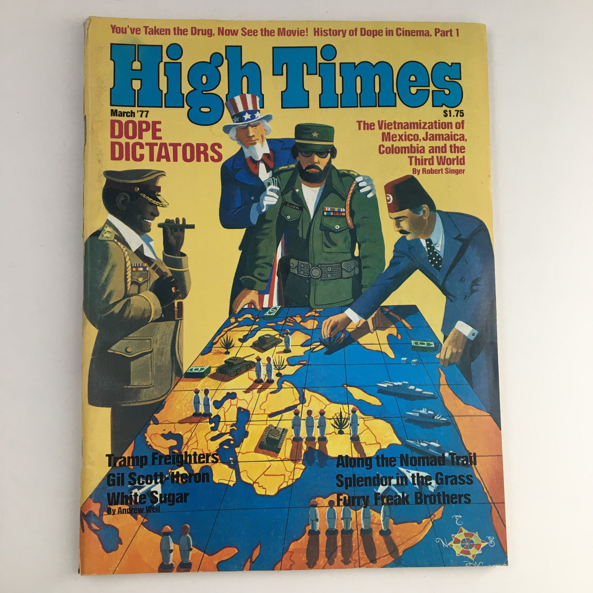 High Times Magazine March 1977 cover featuring articles on Dope Dictators and Gil Scott Heron with vibrant illustrations of historical figures and a thematic map.