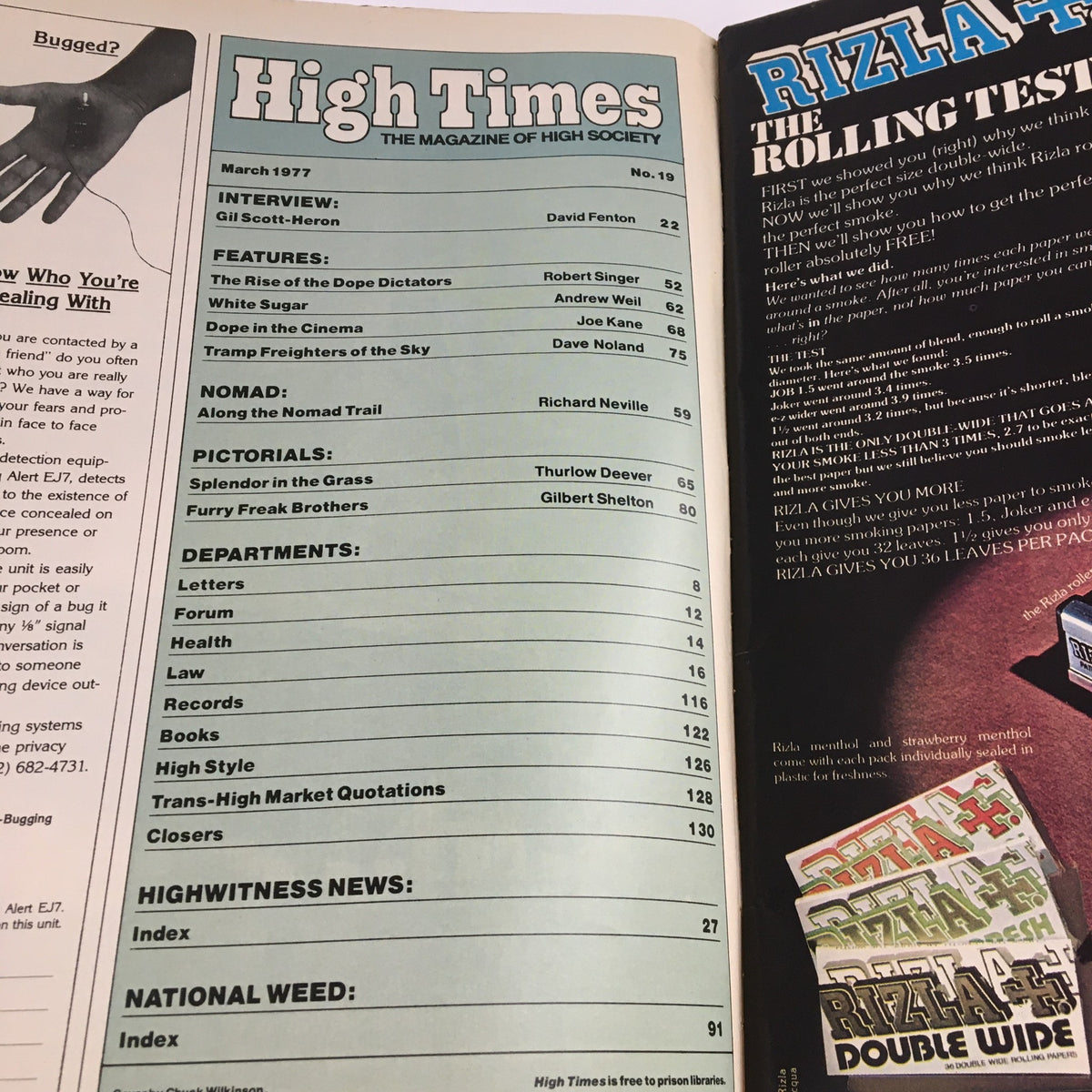 High Times Magazine March 1977 interior page showcasing the table of contents with highlighted articles, including an interview with Gil Scott-Heron and features on Dope Dictators.