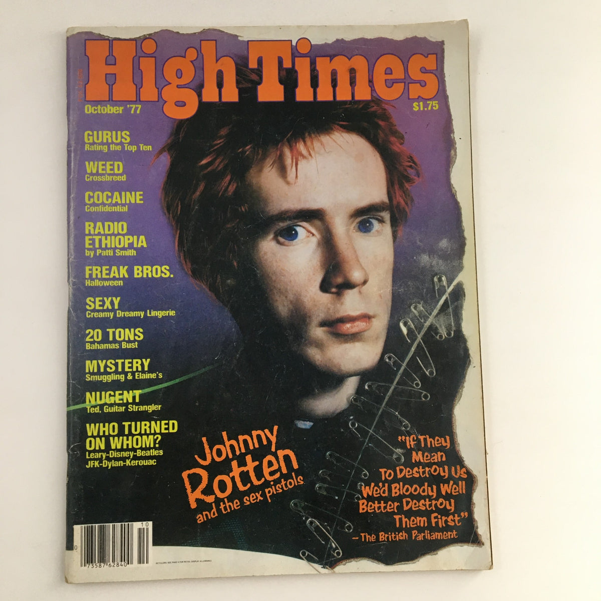High Times Magazine October 1977 featuring Johnny Rotten of the Sex Pistols on the cover, highlighting interviews with punk rock legends and cultural commentary.