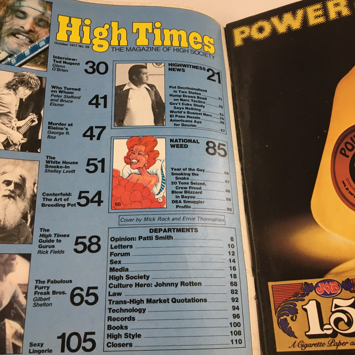 Interior page of High Times Magazine October 1977 showcasing the table of contents, including features like the interview with Ted Nugent and articles on the music scene.