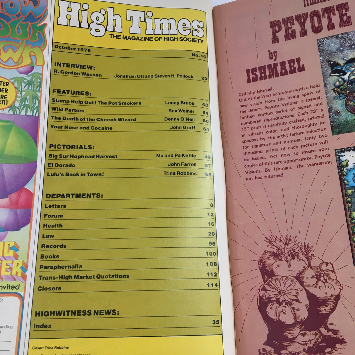 Table of contents from High Times Magazine October 1976 showcasing interviews and features, including Gordon Wasson and the article 'Lulu's Back In Town'.